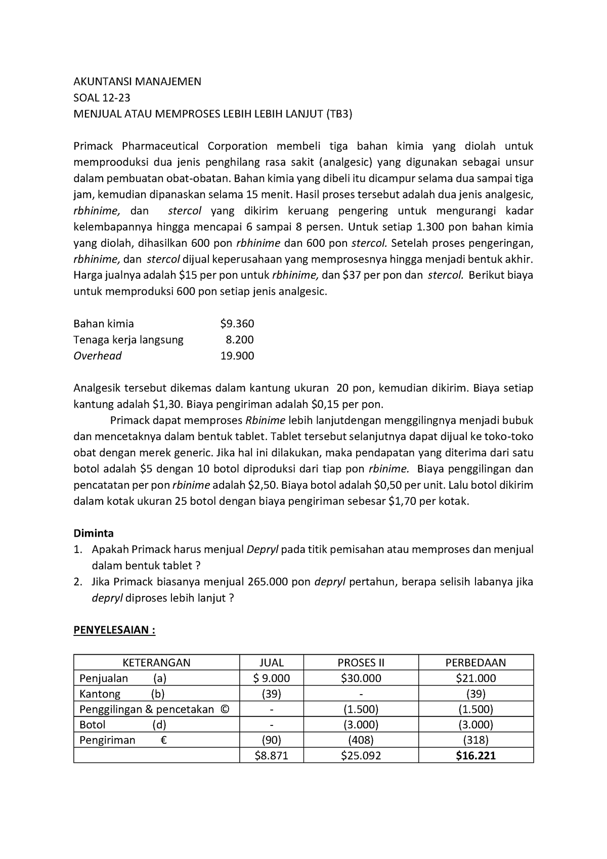 Akuntansi Manajemen Soal 12 23 - AKUNTANSI MANAJEMEN SOAL 12- MENJUAL ...