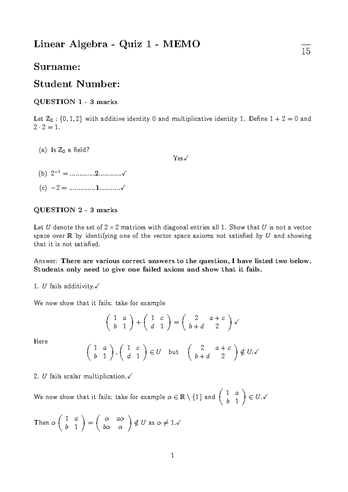 La 2024 quiz 1 memo Linear Algebra Quiz 1 MEMO 15 Surname