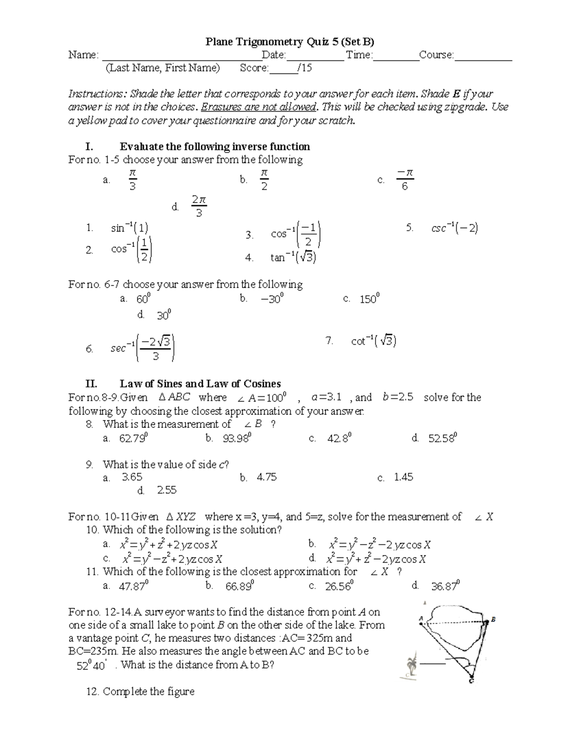 PT Quiz 5(set B) - Plane Trigonometry - Plane Trigonometry Quiz 5 (Set ...