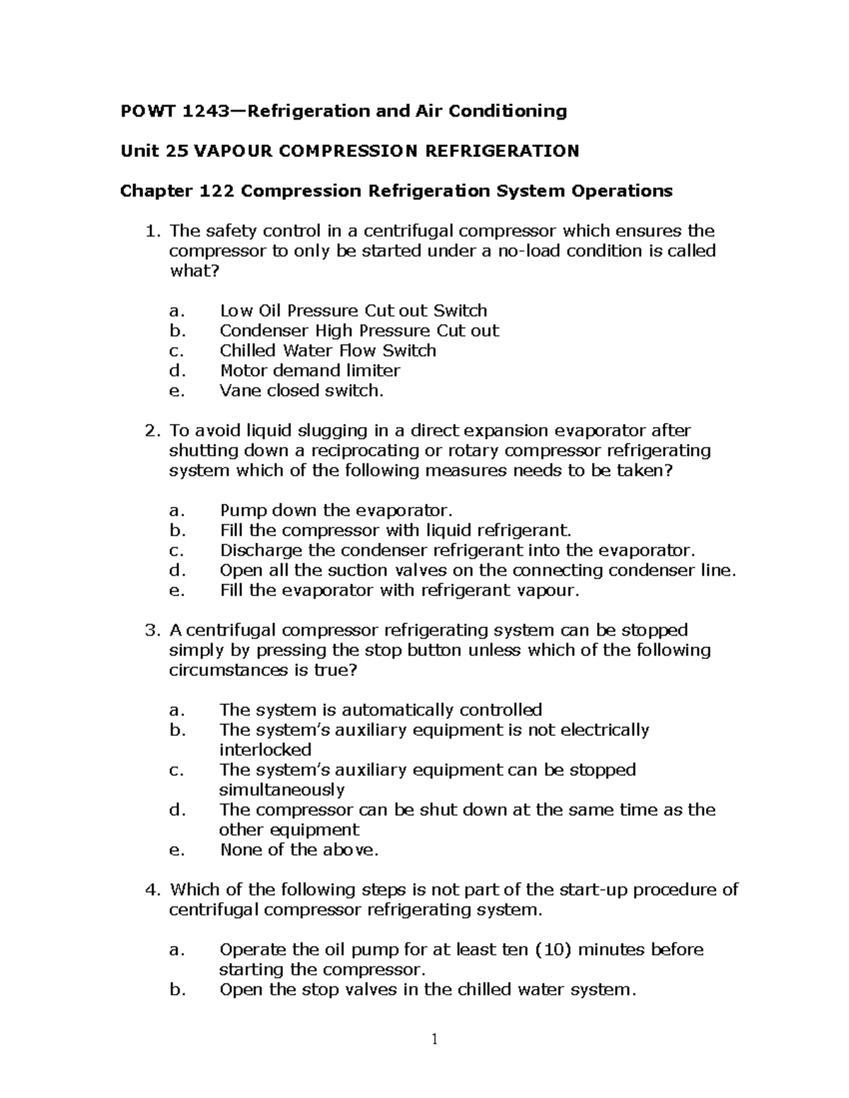 Exam 2014, questions and answers POWT 1243—Refrigeration and Air