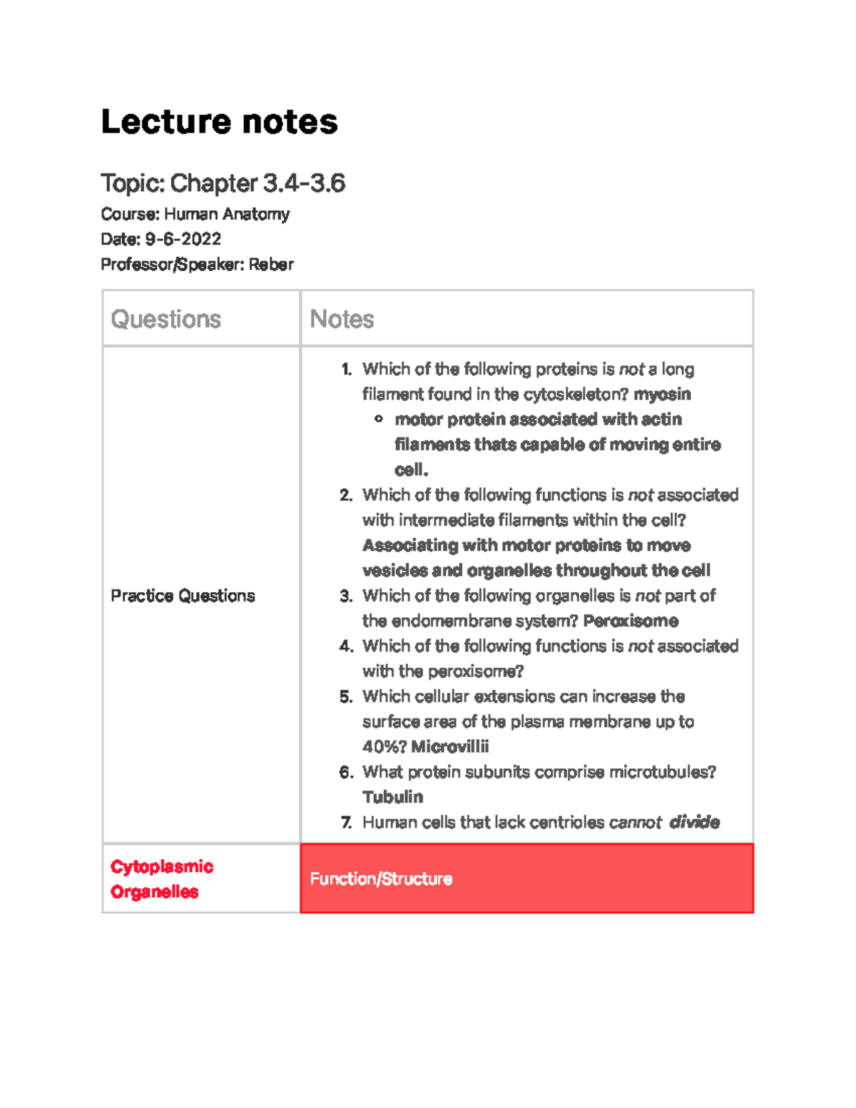 The Cell - Lecture Notes with cell organelles and information about the ...