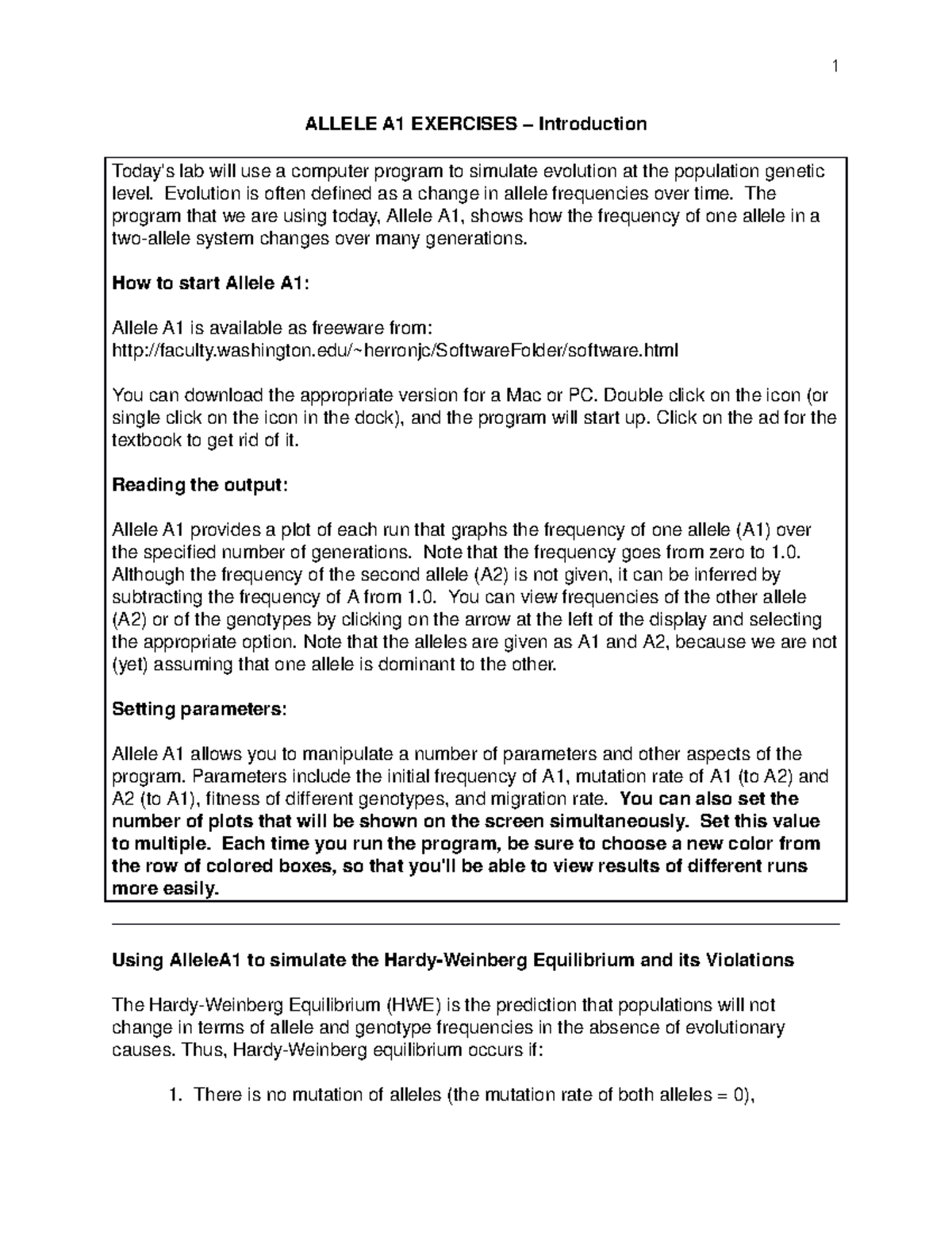 Allele A 1Intro Plus Nat Sel - ALLELE A1 EXERCISES – Introduction Today ...
