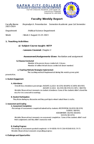 NSTP Weekly Report WEEK 3 - Faculty Weekly Report Faculty Name ...