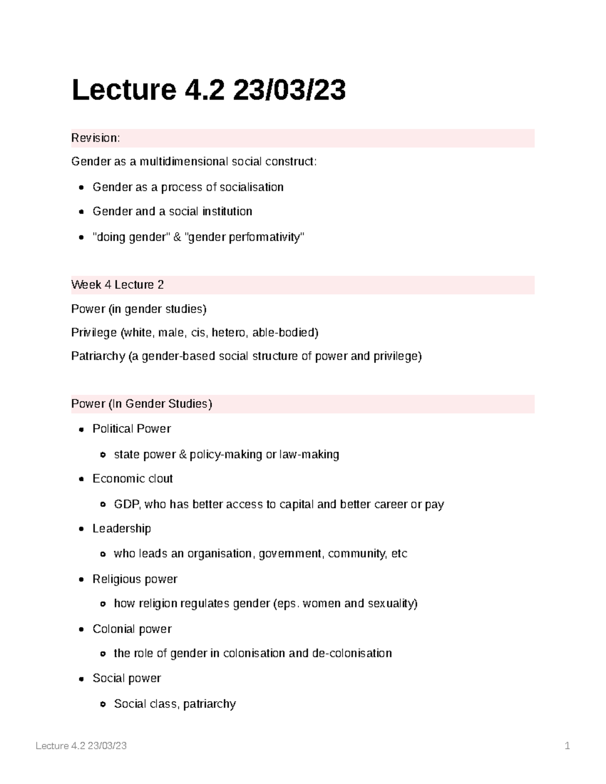 Week 4 Lecture 2 - Lecture 4 23/03/ Revision: Gender as a ...