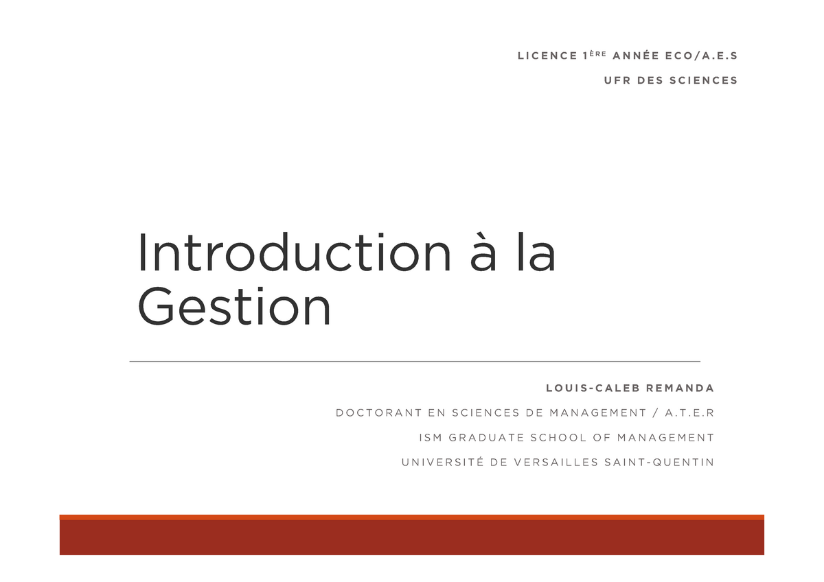 Introduction A La Gestion_Cours 1 - Introduction à La Gestion L O U I S ...