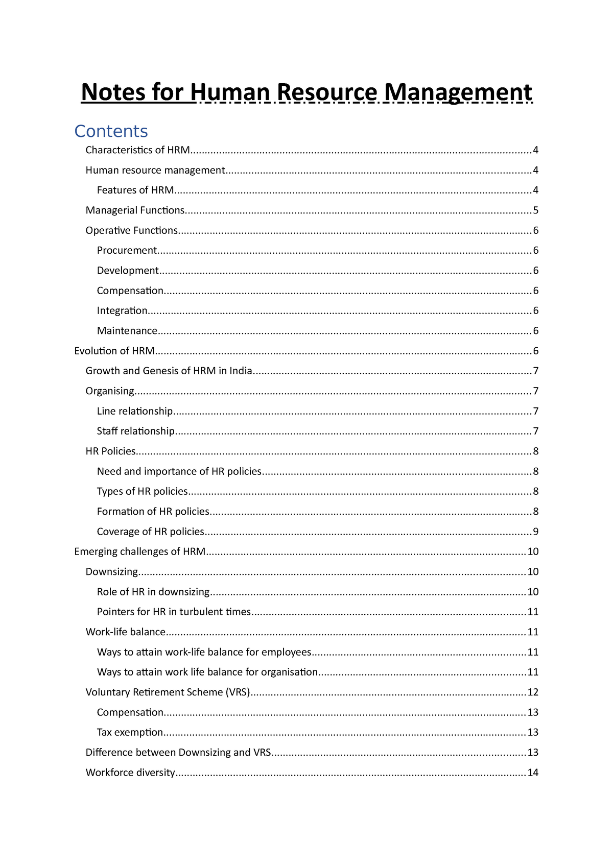 Notes for HRM - Notes for Human Resource Management Characteristics of ...