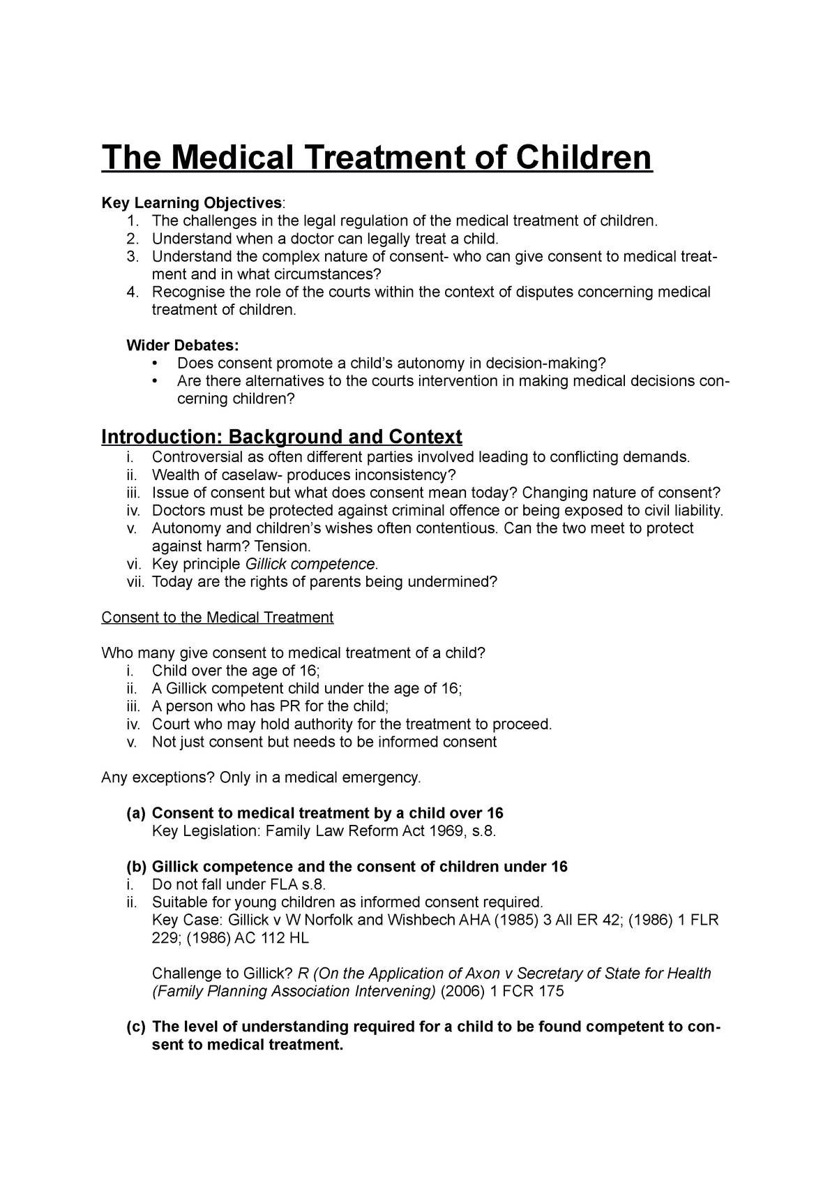 The Medical Treatment Of Children Family Law 155200006 Soas Studocu