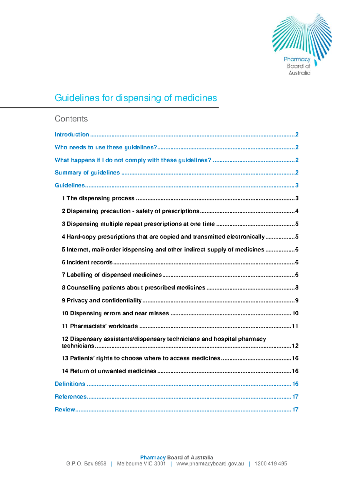 Pharmacy Board Guidelines Guidelines for dispensing of medicines
