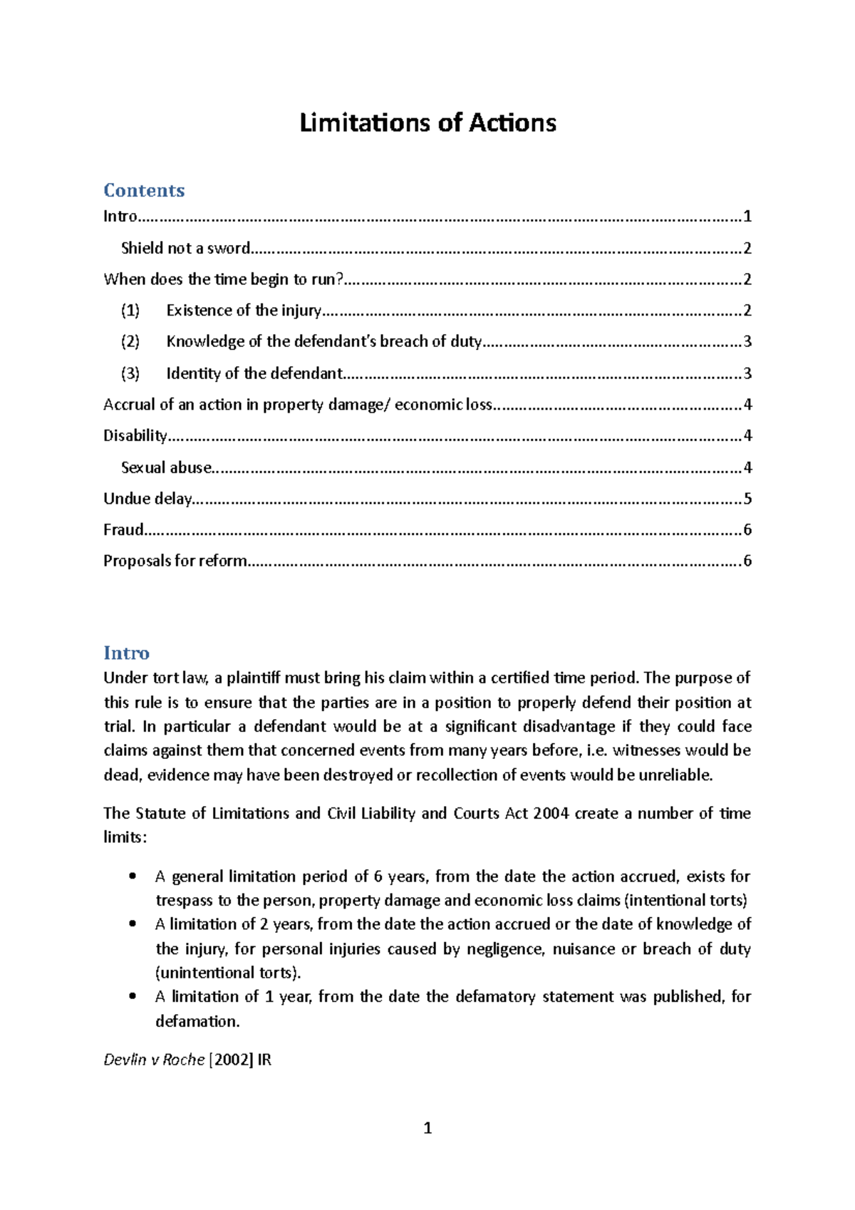 Limitations of Actions Law TU Dublin Studocu