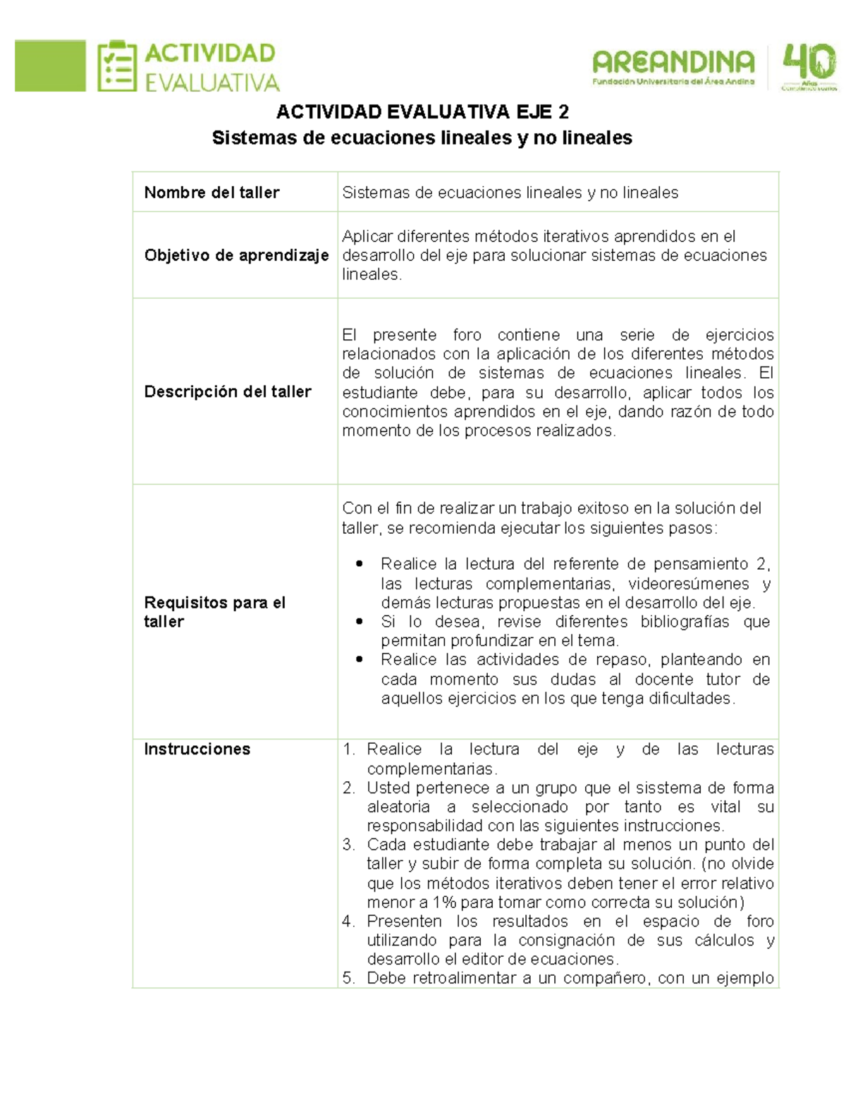 Actividad Evaluativa Sistemas de Ecuaciones foro eje 2 - ACTIVIDAD ...