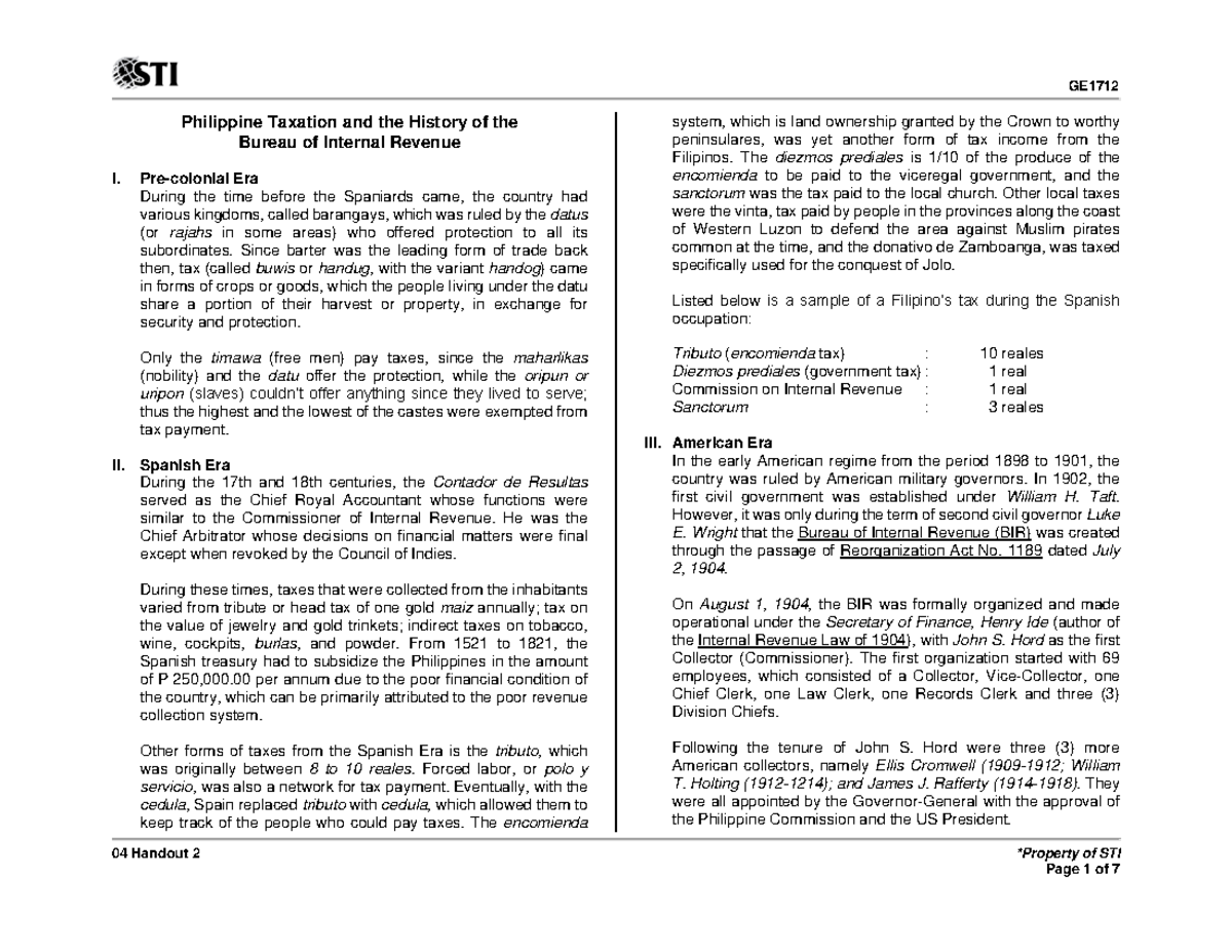 Taxation in the Philippines 04 Handout 2 *Property of STI Philippine Taxation and the History
