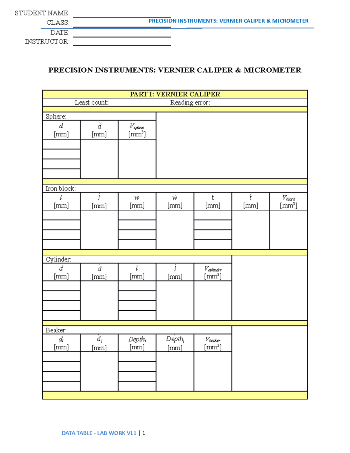 VL01Vernier Micrometer Data Table - PRECISION INSTRUMENTS: VERNIER ...