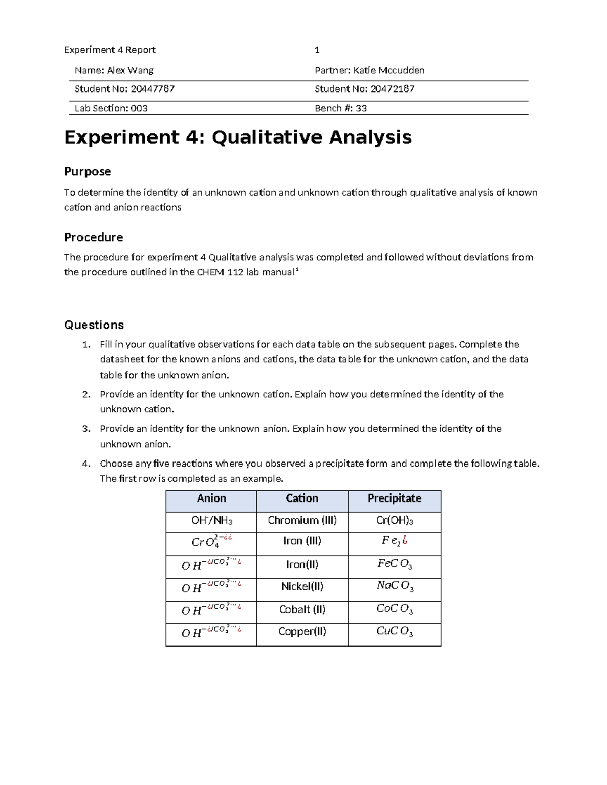Qualitative Analysis - Fill in your qualitative observations for each ...