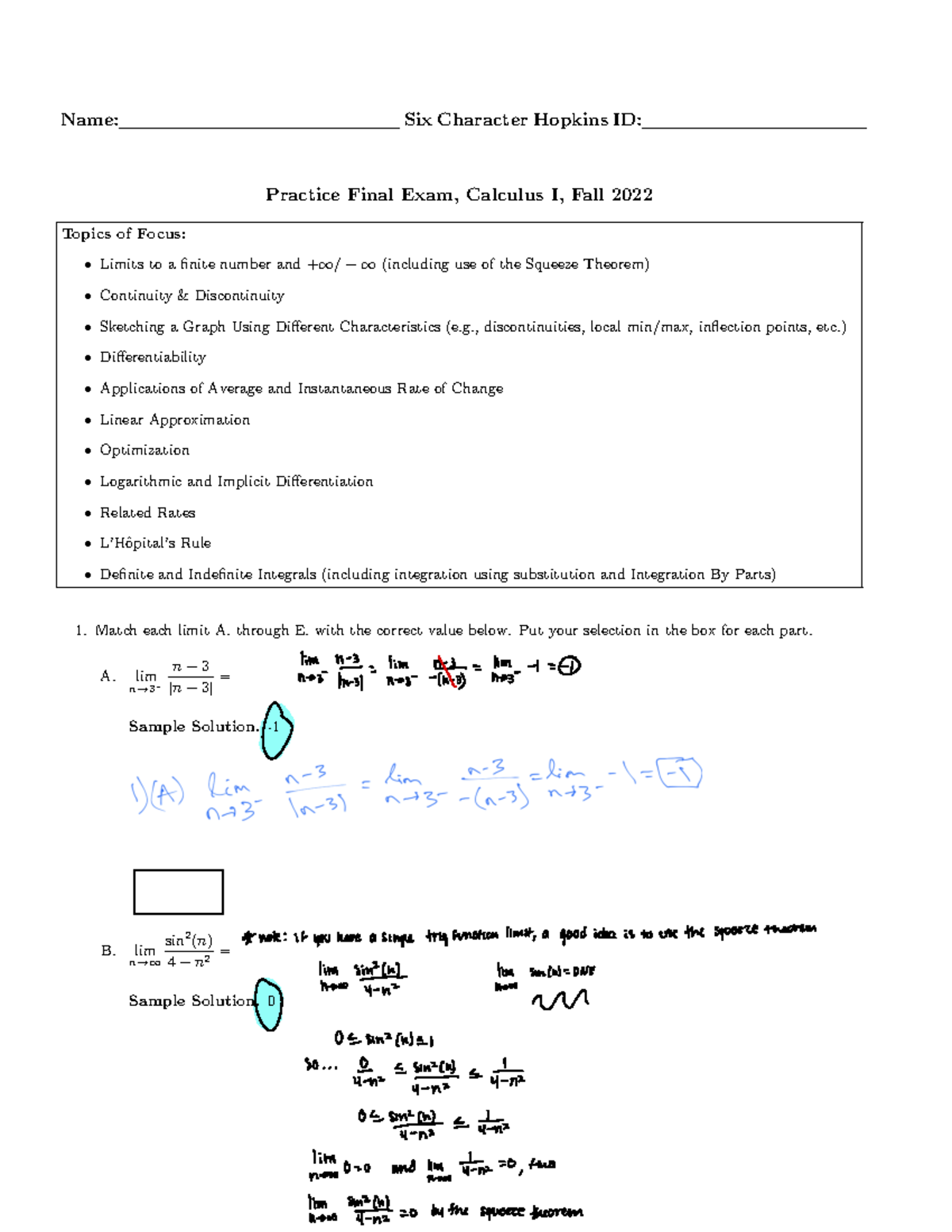 Final Exam Key - Name: Six Character Hopkins ID: Practice Final Exam ...