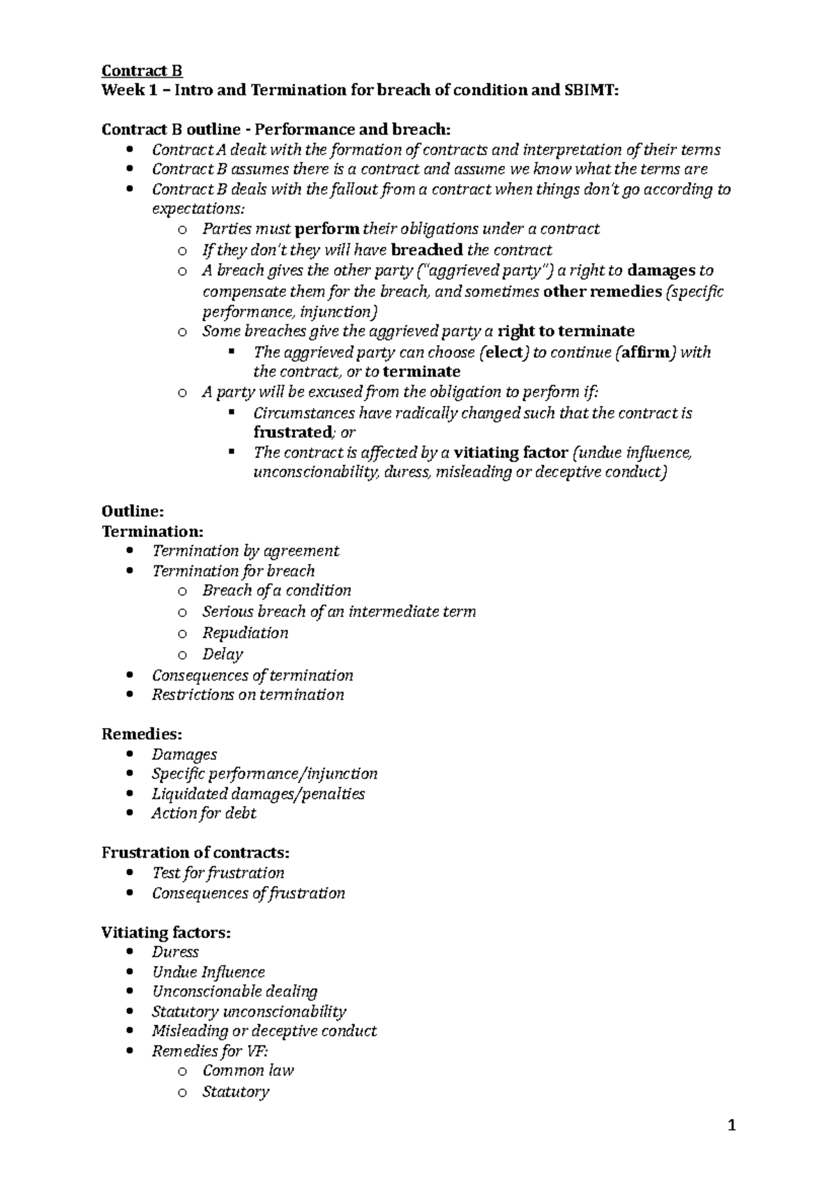 Lecture Notes, Lectures 1-12 - Contract B Week 1 Intro And Termination ...