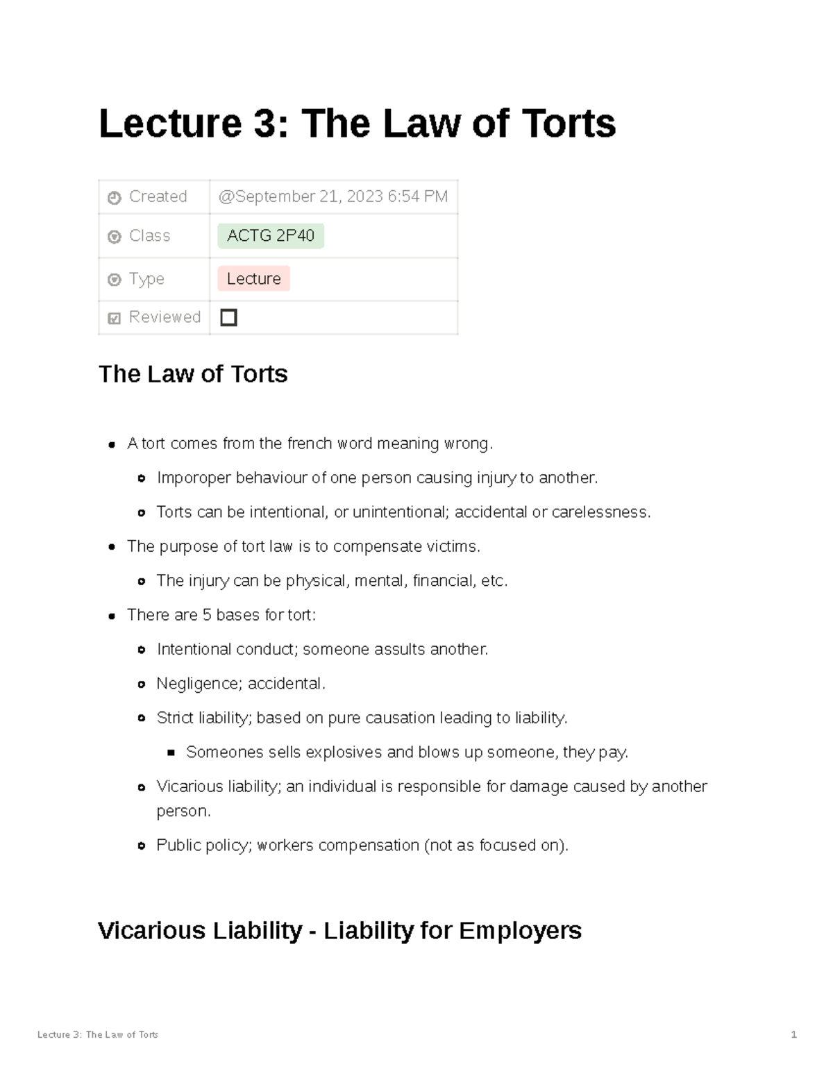 Tort Law - Tort Law Lecture Notes - Lecture 3: The Law Of Torts Created ...