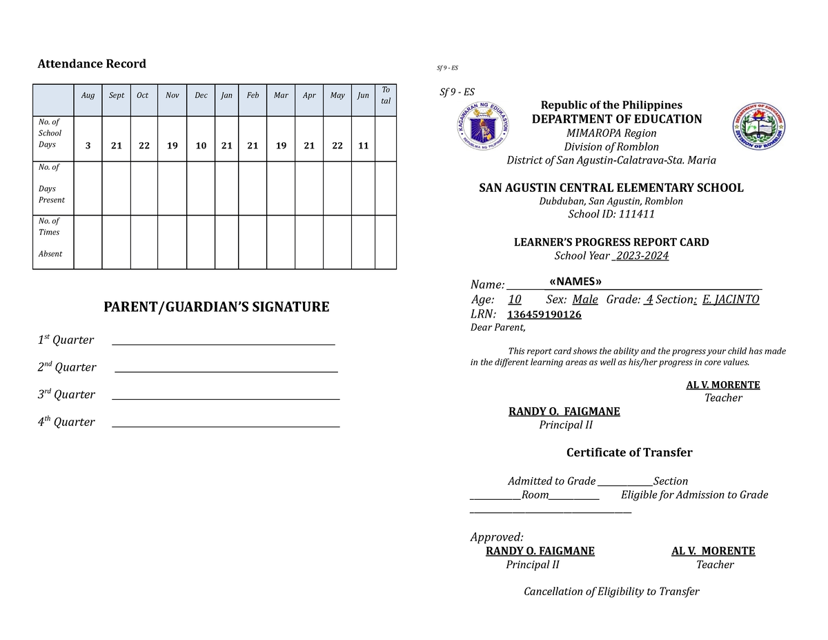 Report Cards 20232024 Attendance Record Aug Sept Oct Nov Dec Jan Feb