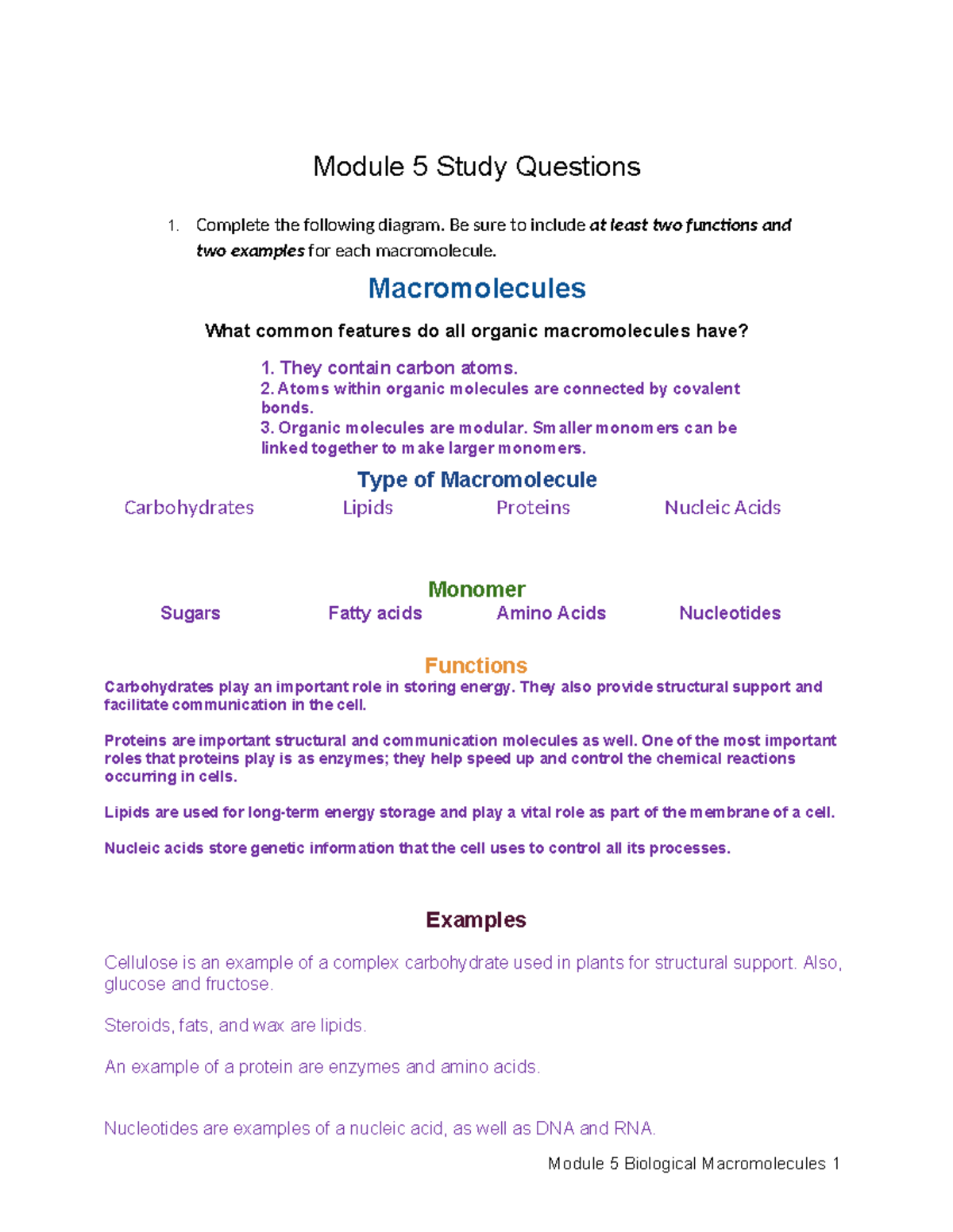 Biology - Module 5 Study Guide - Module 5 Study Questions 1. Complete ...