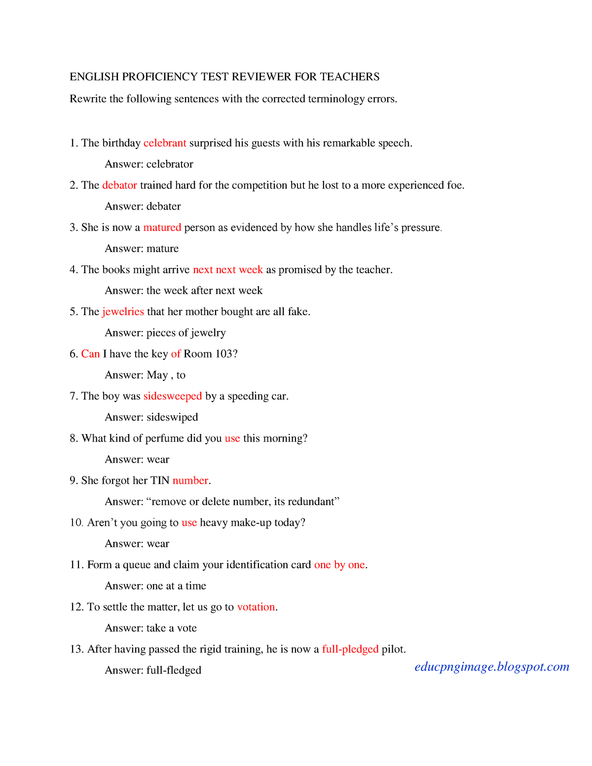 English Proficiency TEST Reviewer FOR Teachers Answer Key 