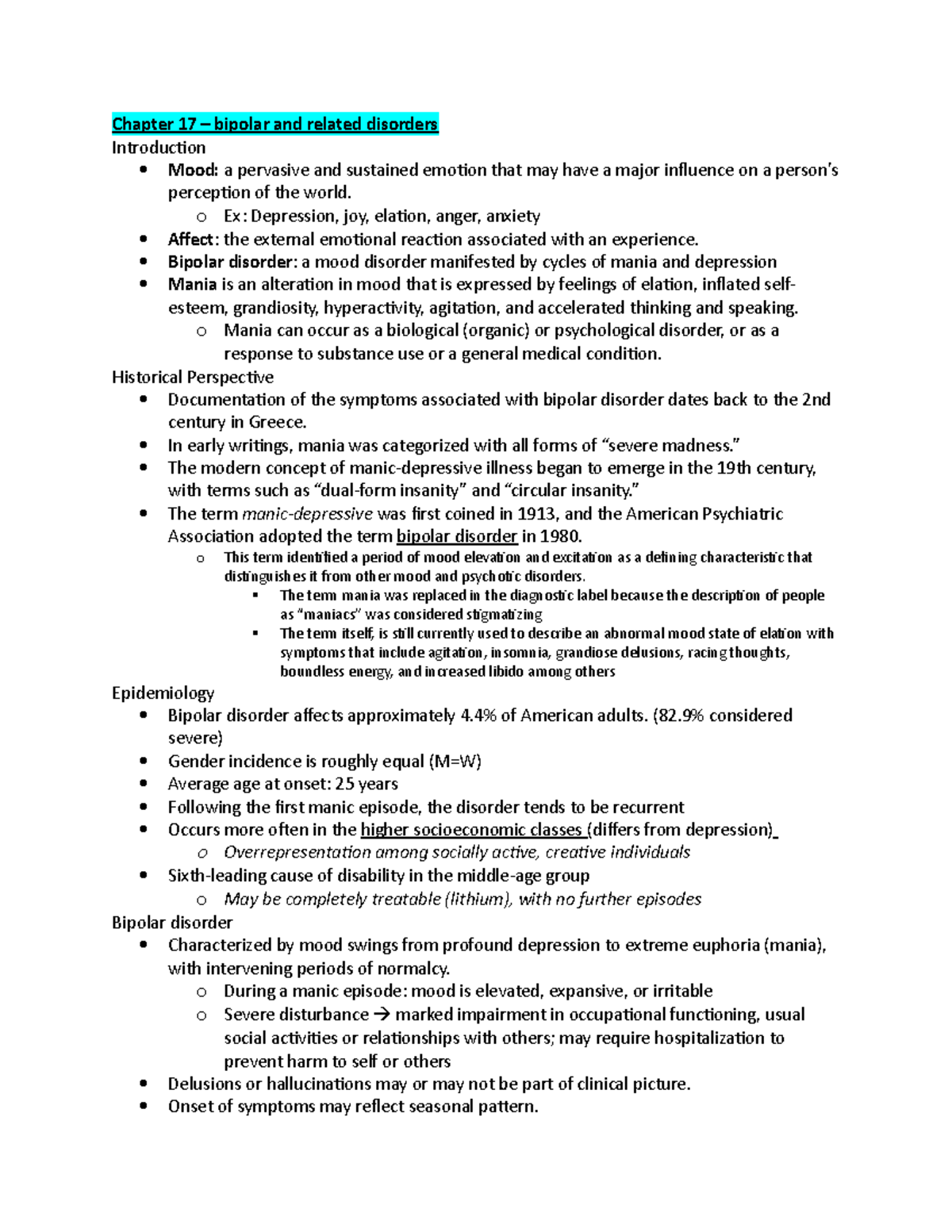 Chapter 17 - Notes - Chapter 17 – bipolar and related disorders ...