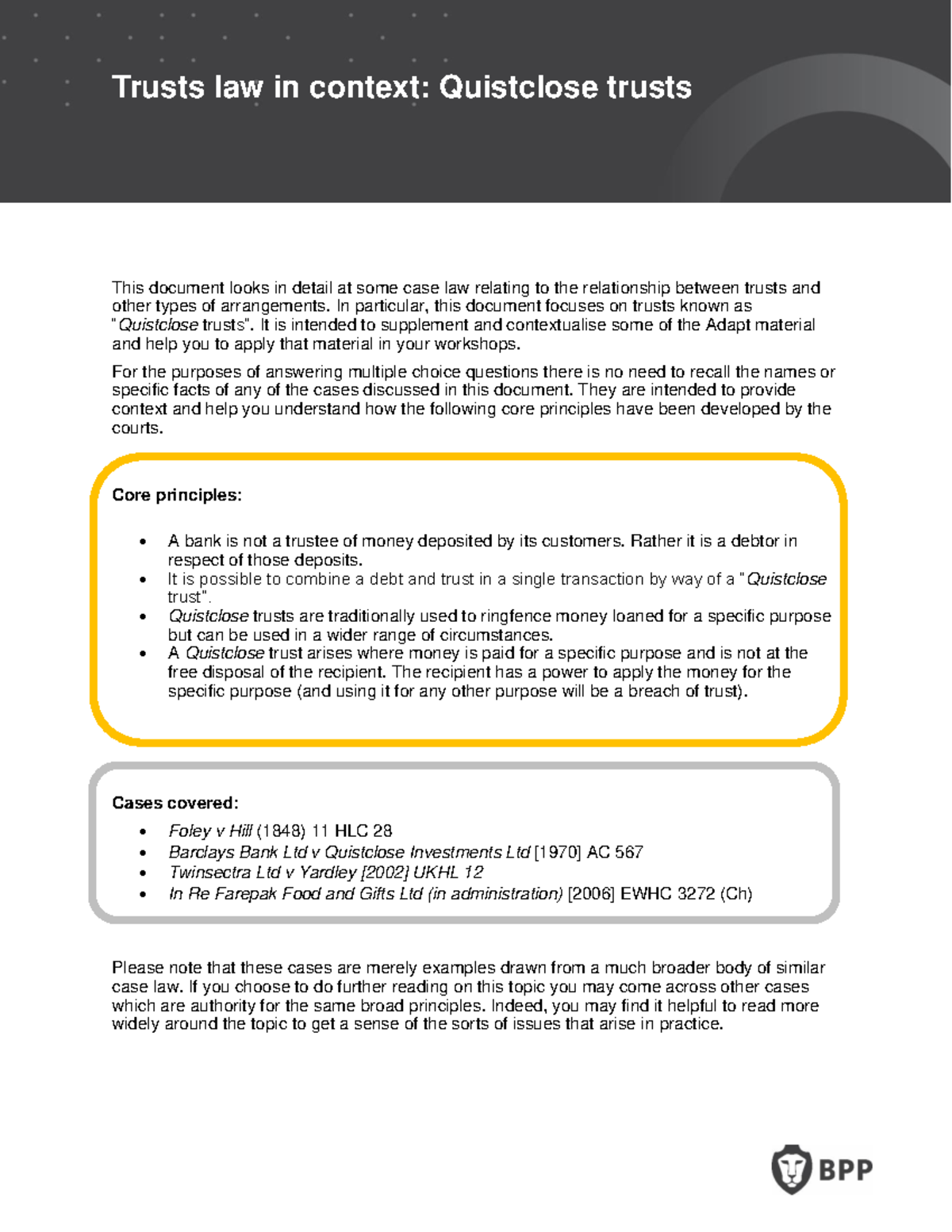 1. Trusts Law in context Quistclose Trusts This document looks in
