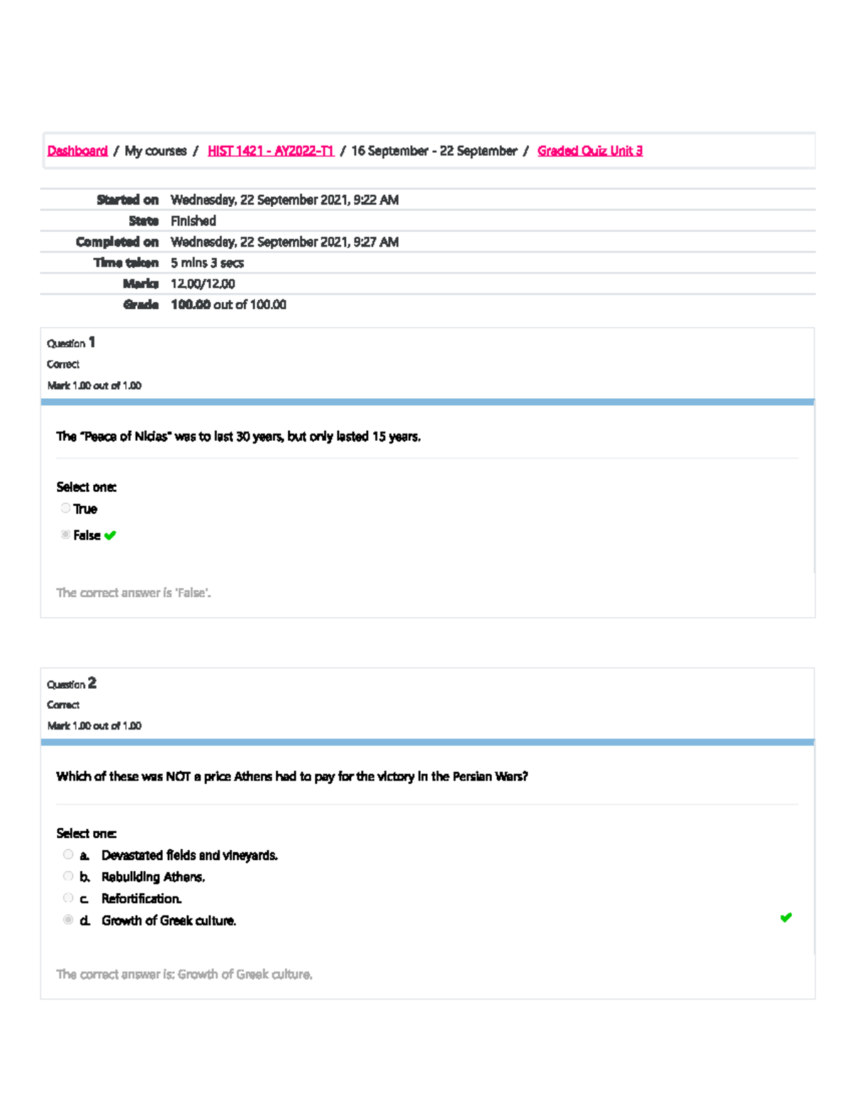 Graded quiz 1 - Greek and roman - Dashboard My courses HIST 1421 16 ...