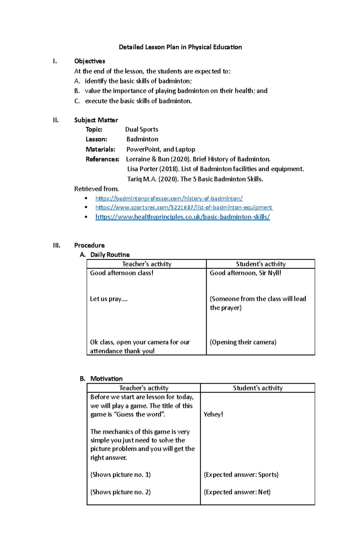 Badminton Detailed Lesson Plan - Detailed Lesson Plan in Physical ...