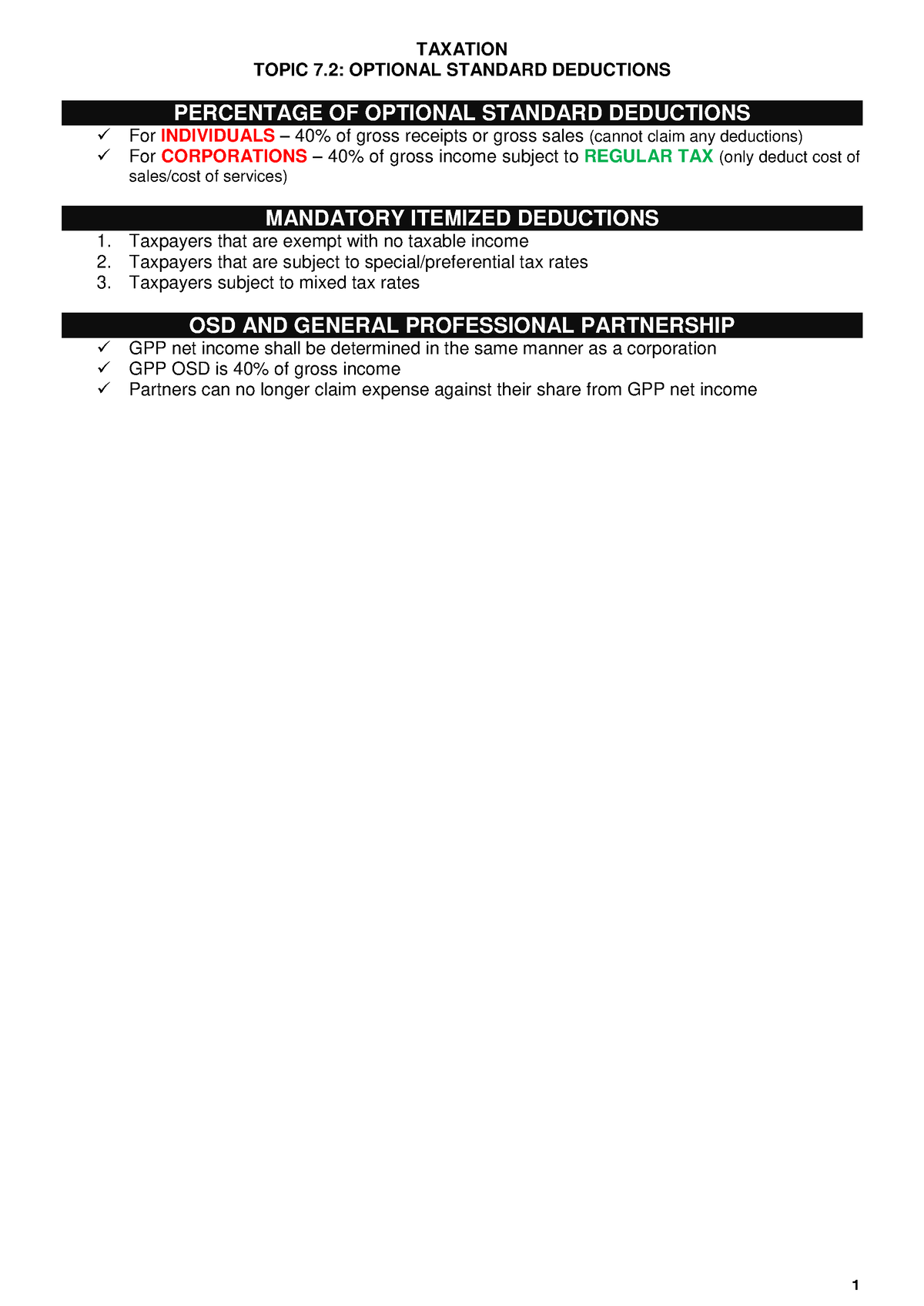 TAX 07.2 - Optional Standard Deductions - 1 TAXATION TOPIC 7: OPTIONAL ...