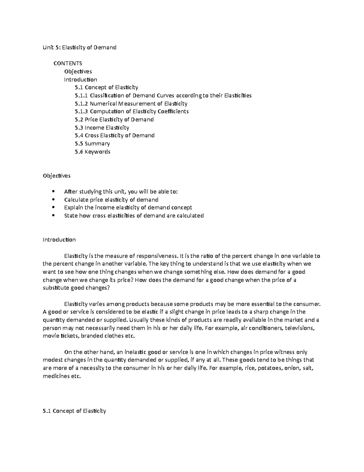 Unit Reading No Elasticity Of Demand Unit Elasticity Of Demand Contents Objectives