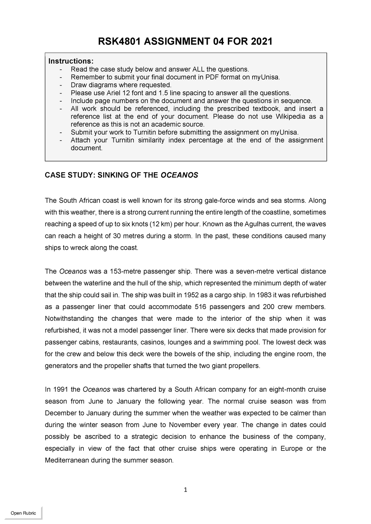 RSK4801 Assignment 04 2021 CASE STUDY: SINKING OF THE OCEANOS - 1 ...