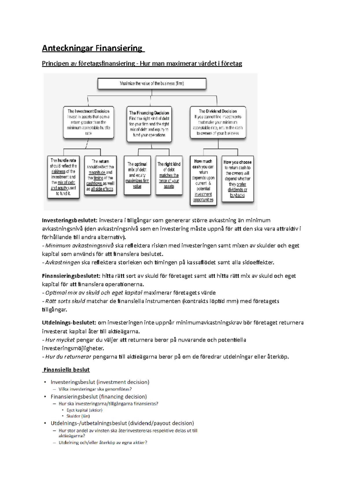 Anteckningar Föreläsningar Finansiering 2FE253 - Anteckningar ...