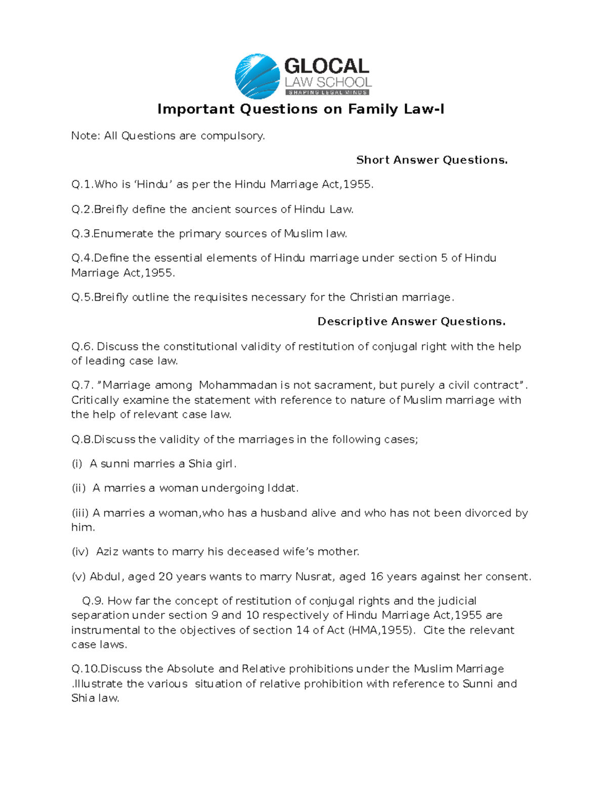 FamilyLaw I Family Law Important Questions on Family LawI Note
