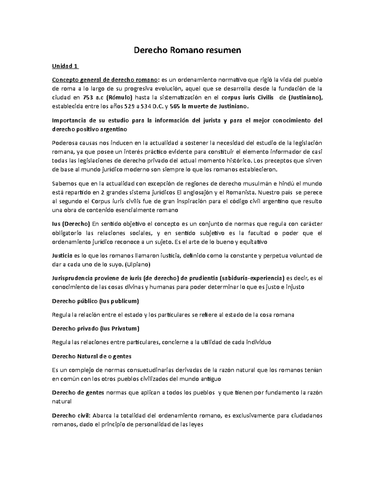 Derecho Romano resumen - Derecho Romano resumen Unidad 1 Concepto ...