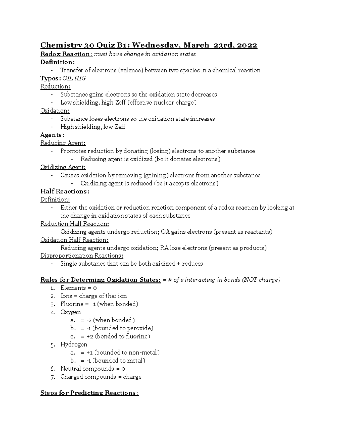 Chemistry 30 Quiz B1 - Credit To The Teacher's Notes, And The Textbook ...