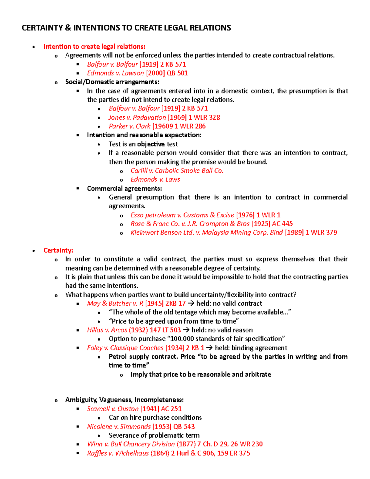 Contract Law Lecture Notes - CERTAINTY & INTENTIONS TO CREATE LEGAL ...