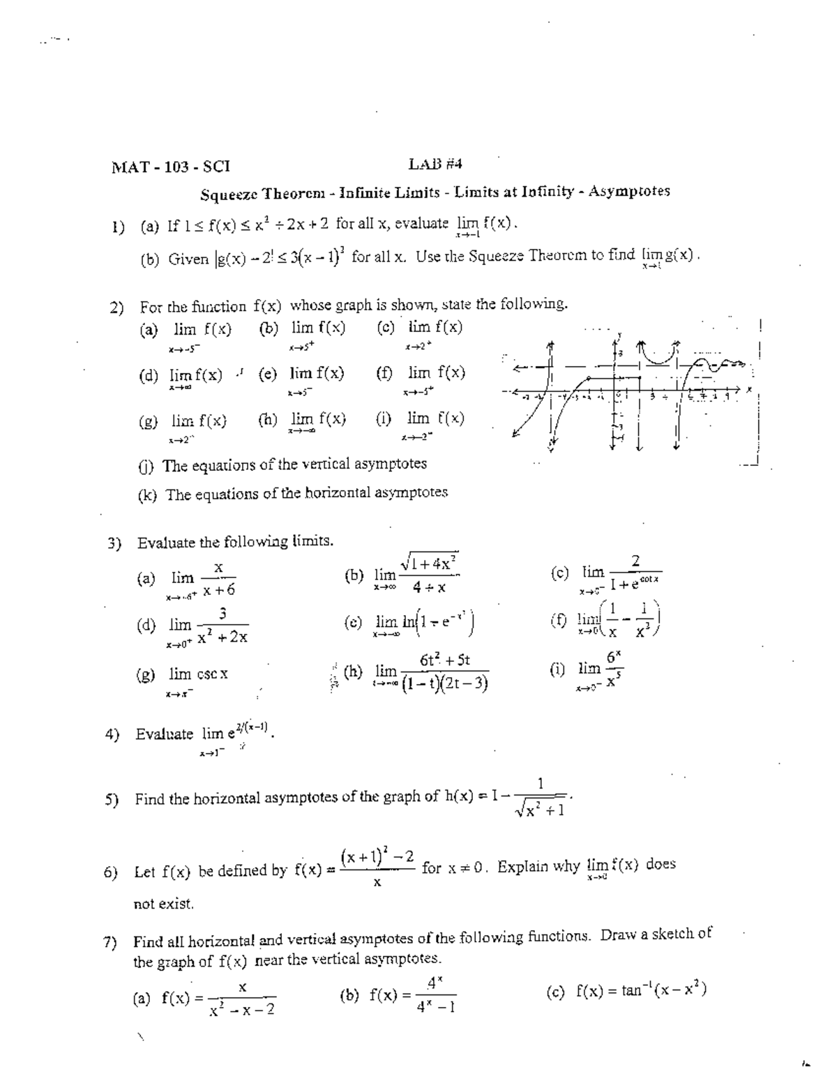 LAB#4 Squeeze Theorem - Infinite Limits - Limits at Infinity ...