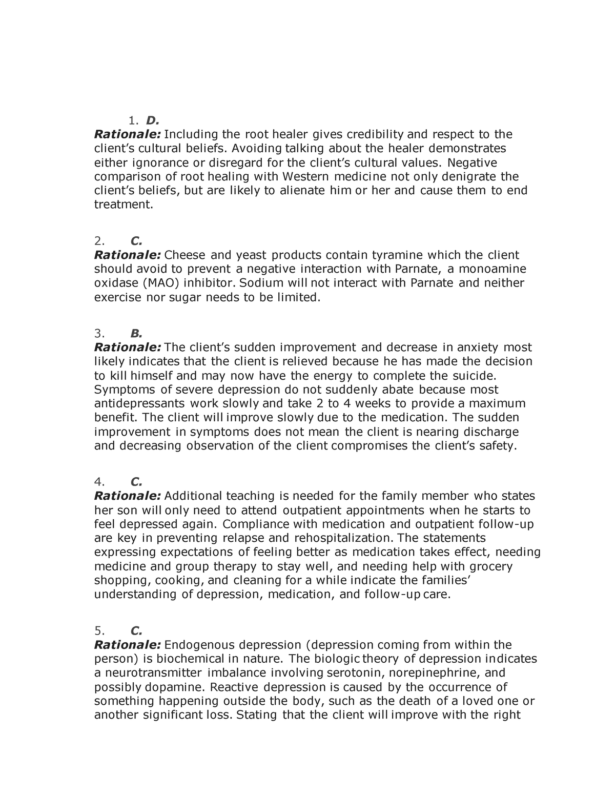 Psychiatric Practice Questions 4 Answer KEY - 1. D. Rationale ...