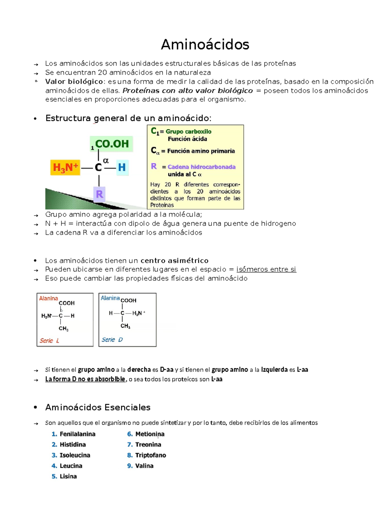 Aminoácidos y Proteínas - Aminoácidos → Los aminoácidos son las ...