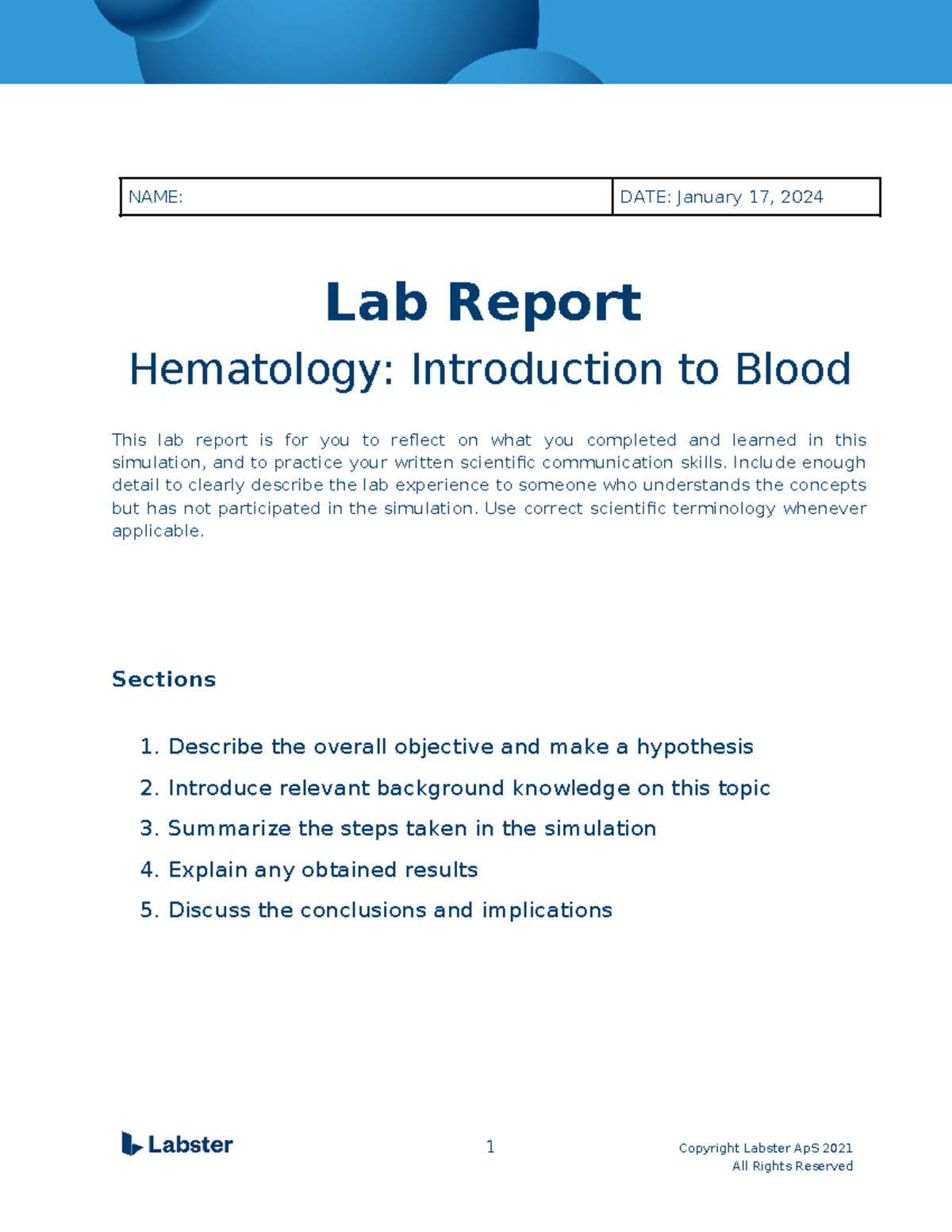 Lab Report Hematology Introduction to Blood - Unit 5 - Sophia - NAME ...