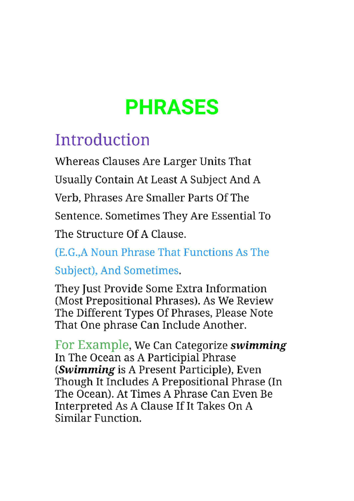 English grammar (pharases) - PHRASES Introduction Whereas Clauses Are Larger Units That Usually ...