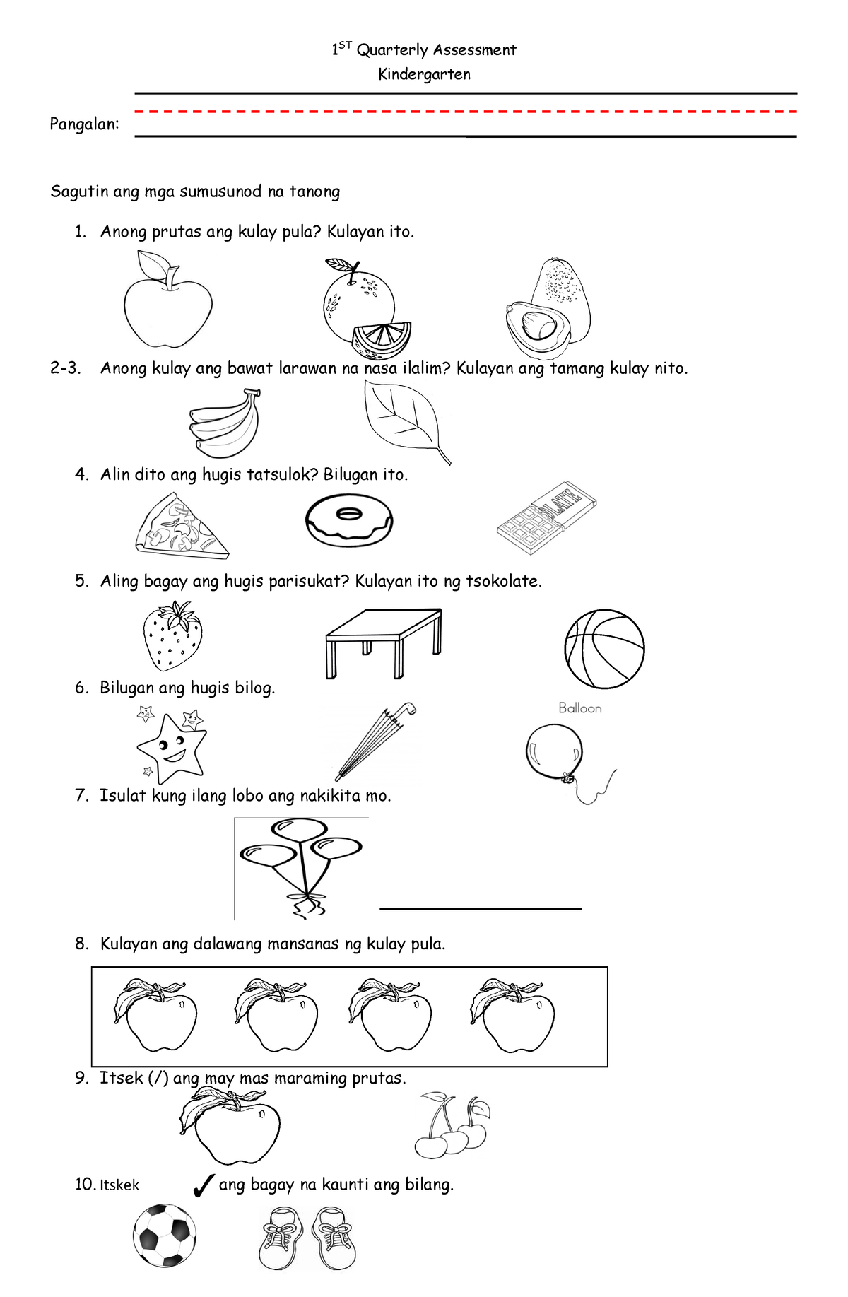 1st Quarterly Assessment Kinder 1 St Quarterly Assessment Kindergarten Pangalan Sagutin Ang 5907