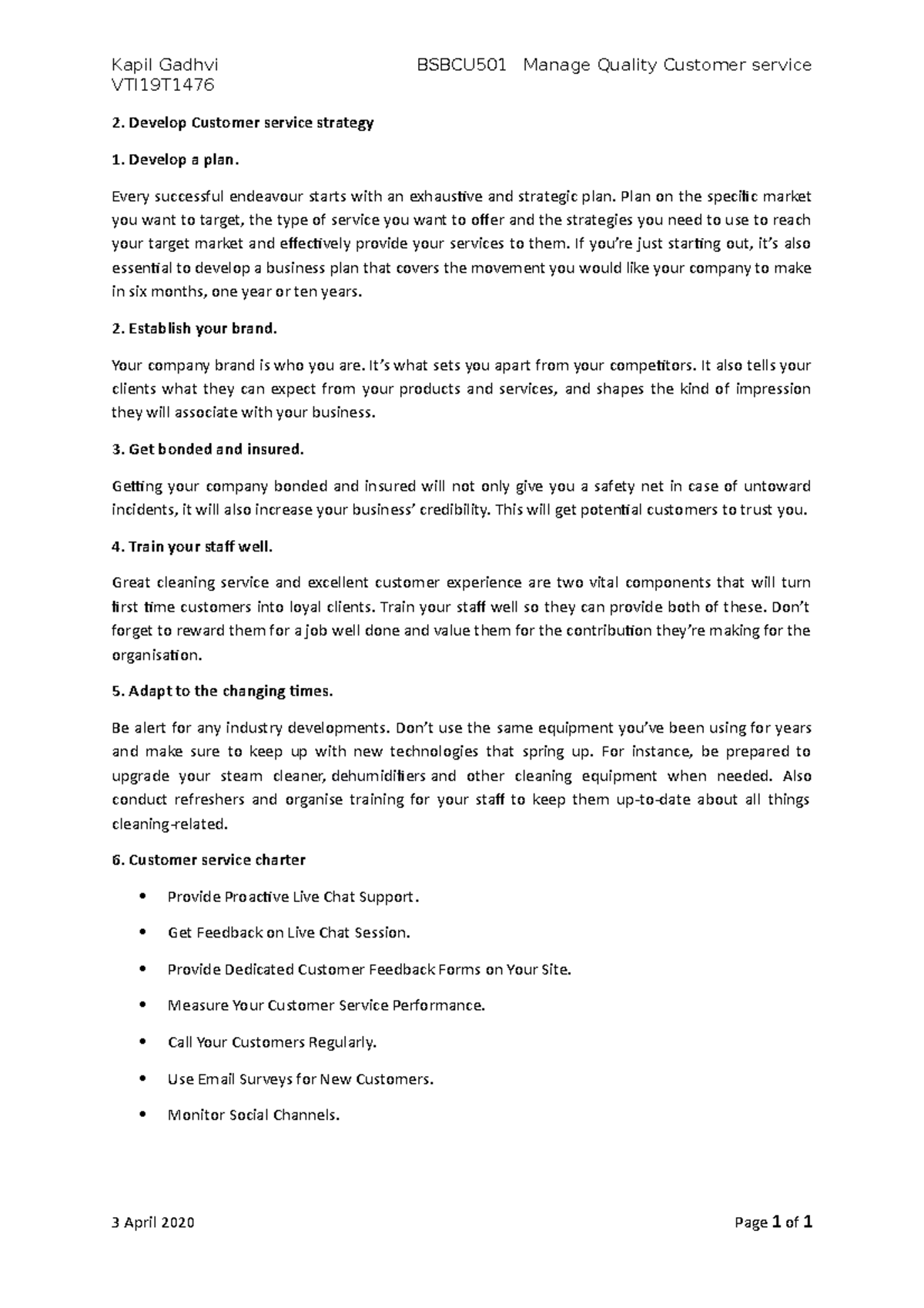 Task 2. Q2 Draft Customer service strategy Kapil Gadhvi BSBCU501