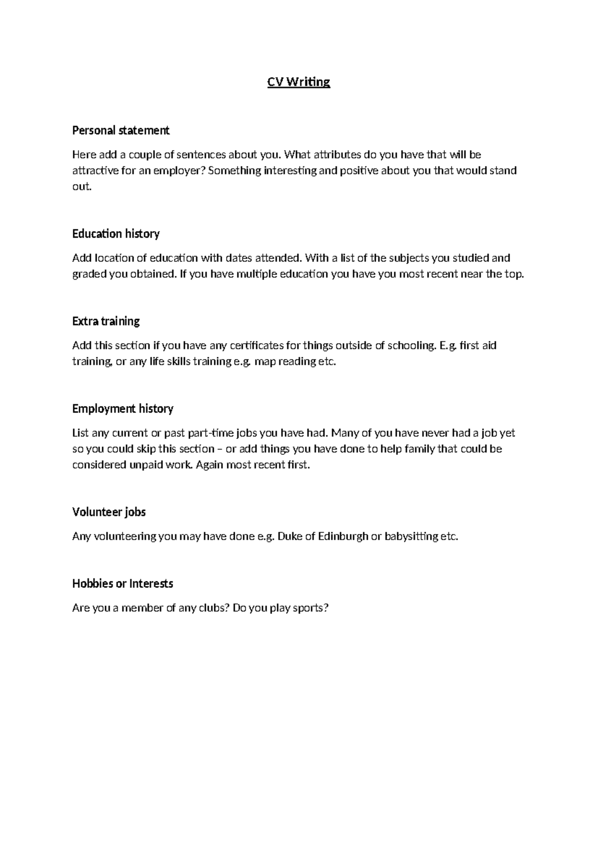 CV Writing - Document to help you structure a CV. - CV Writing Personal ...