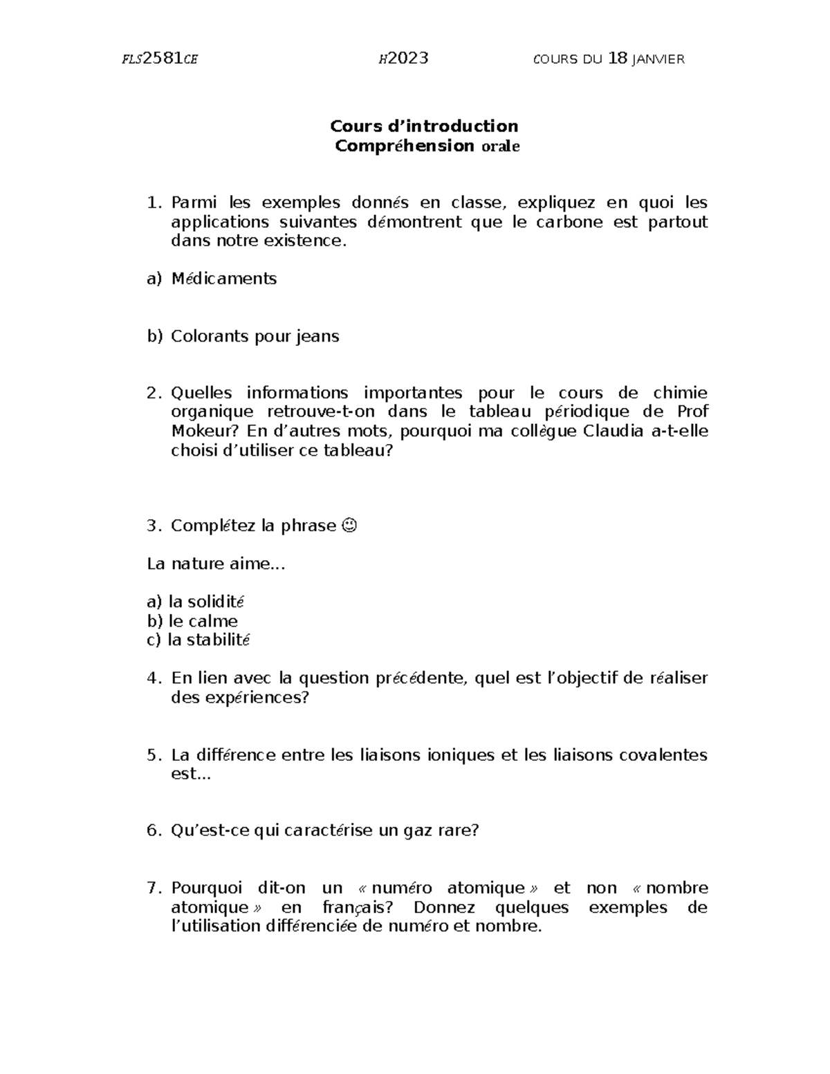 Quelques questions de compréhension - FLS 2581 CE H 2023 COURS DU 18 ...