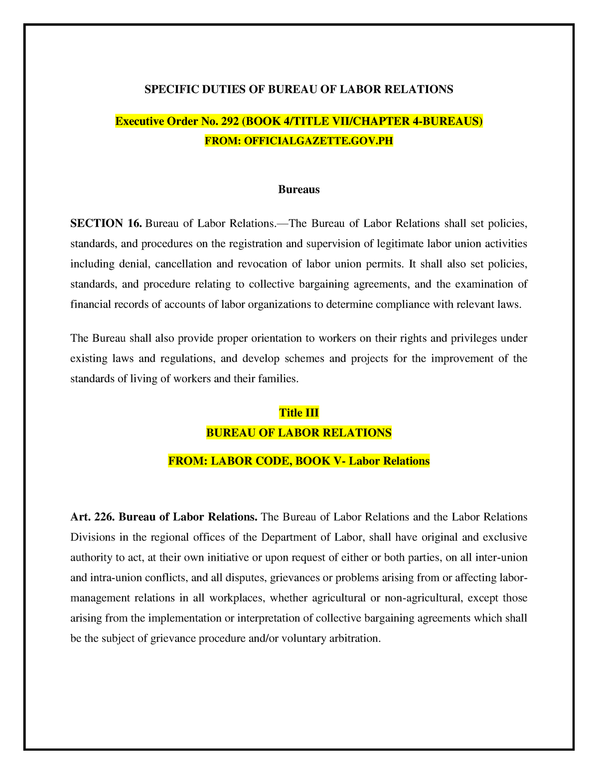 Specific Duties Of Bureau Of Labor Relations Specific Duties Of Bureau Of Labor Relations 3919