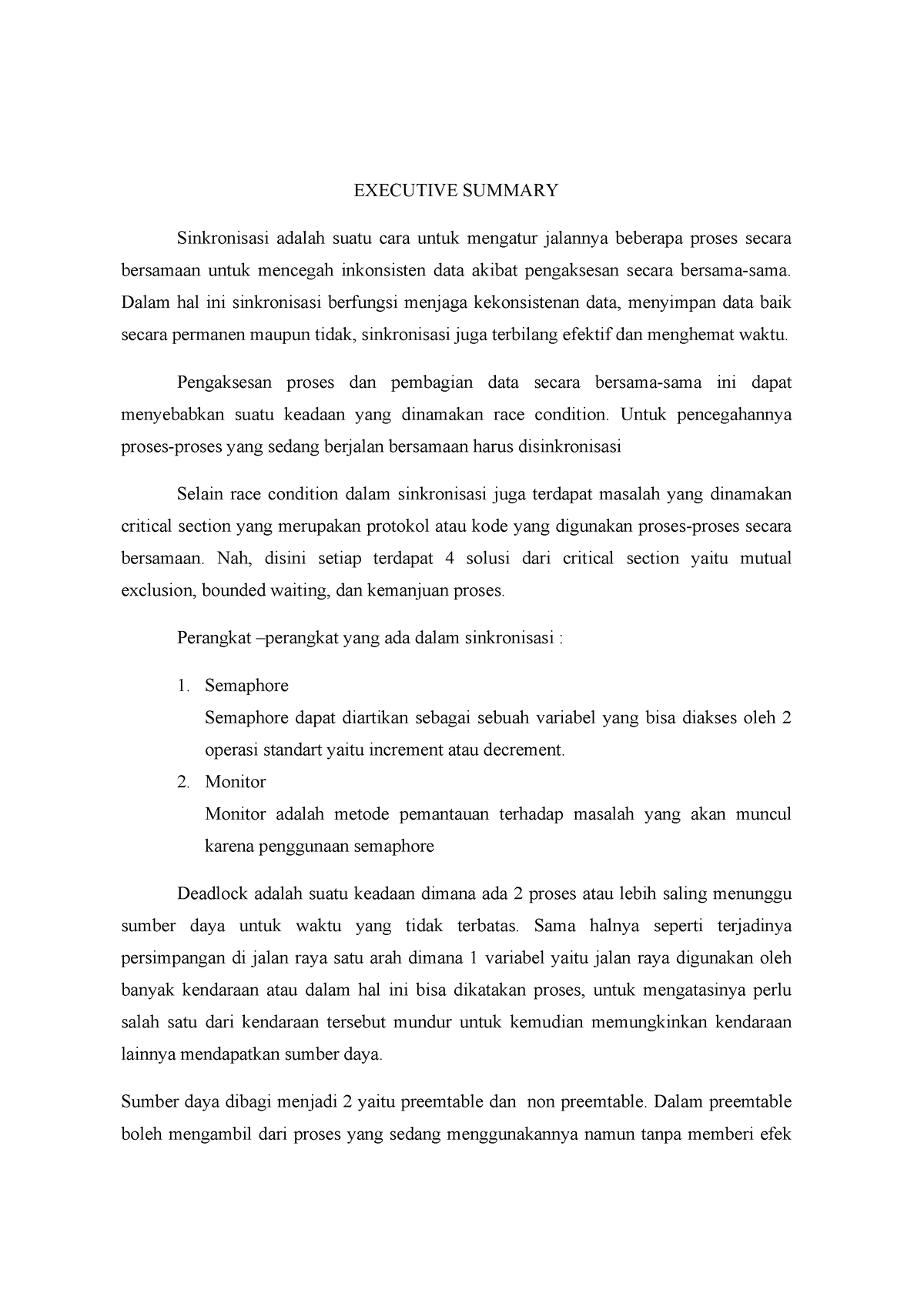 Executive Summary Sistem Operasi - EXECUTIVE SUMMARY Sinkronisasi ...