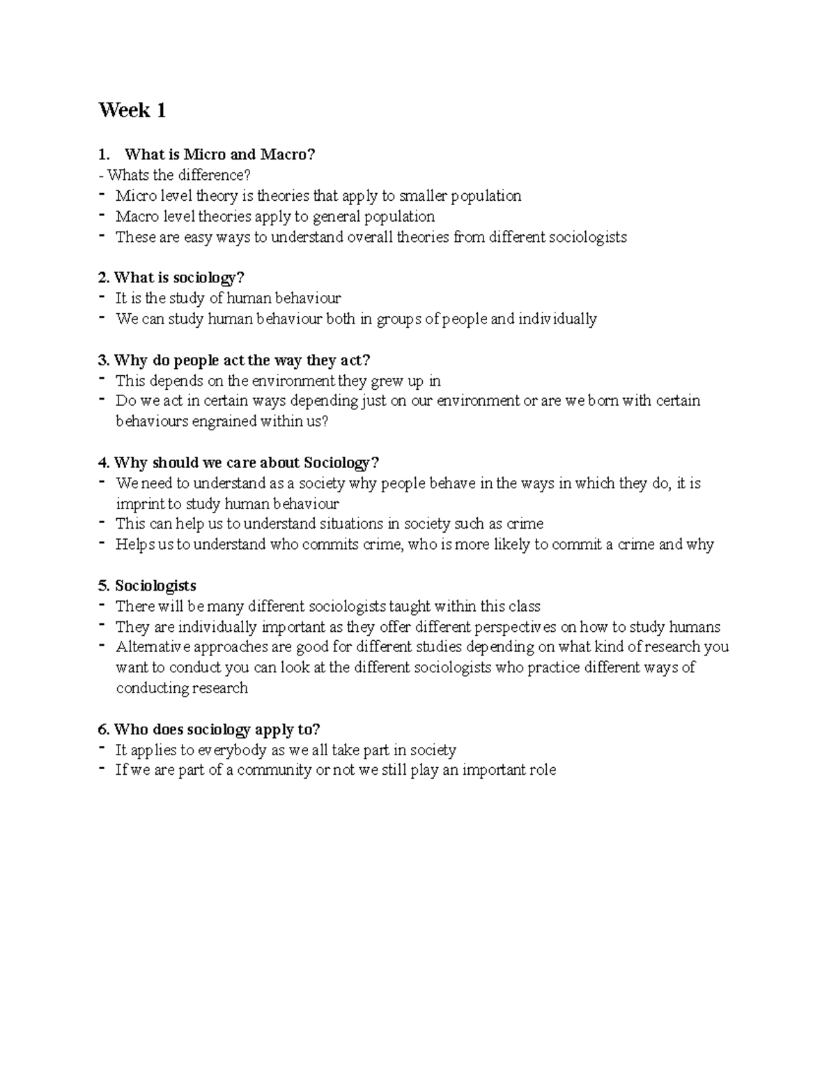 SOCI 6060 W1 - summary of sociology notes - Week 1 1. What is Micro and ...