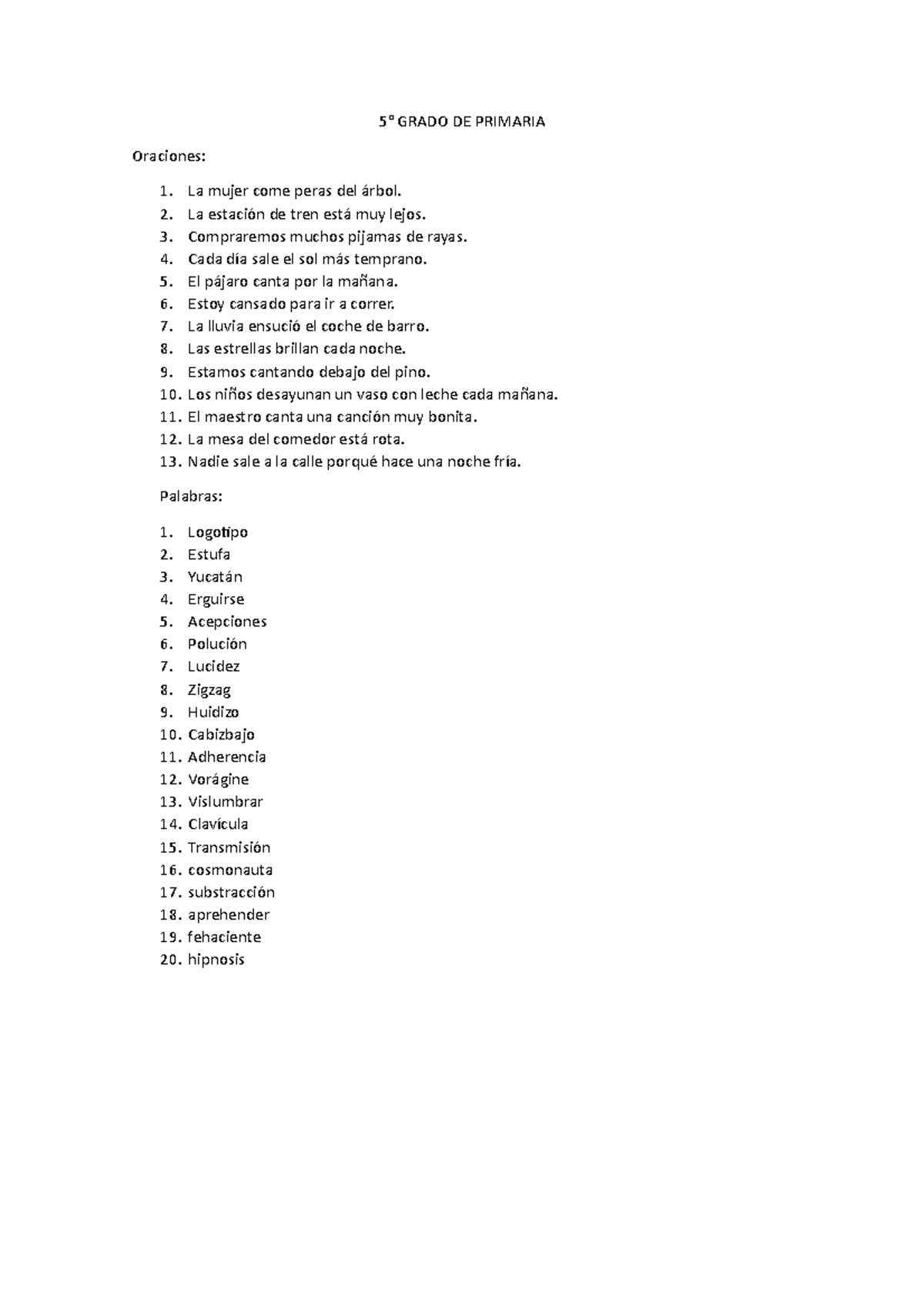 Palabras Y Oraciones PARA EL Dictado 5° GRADO DE PRIMARIA Oraciones