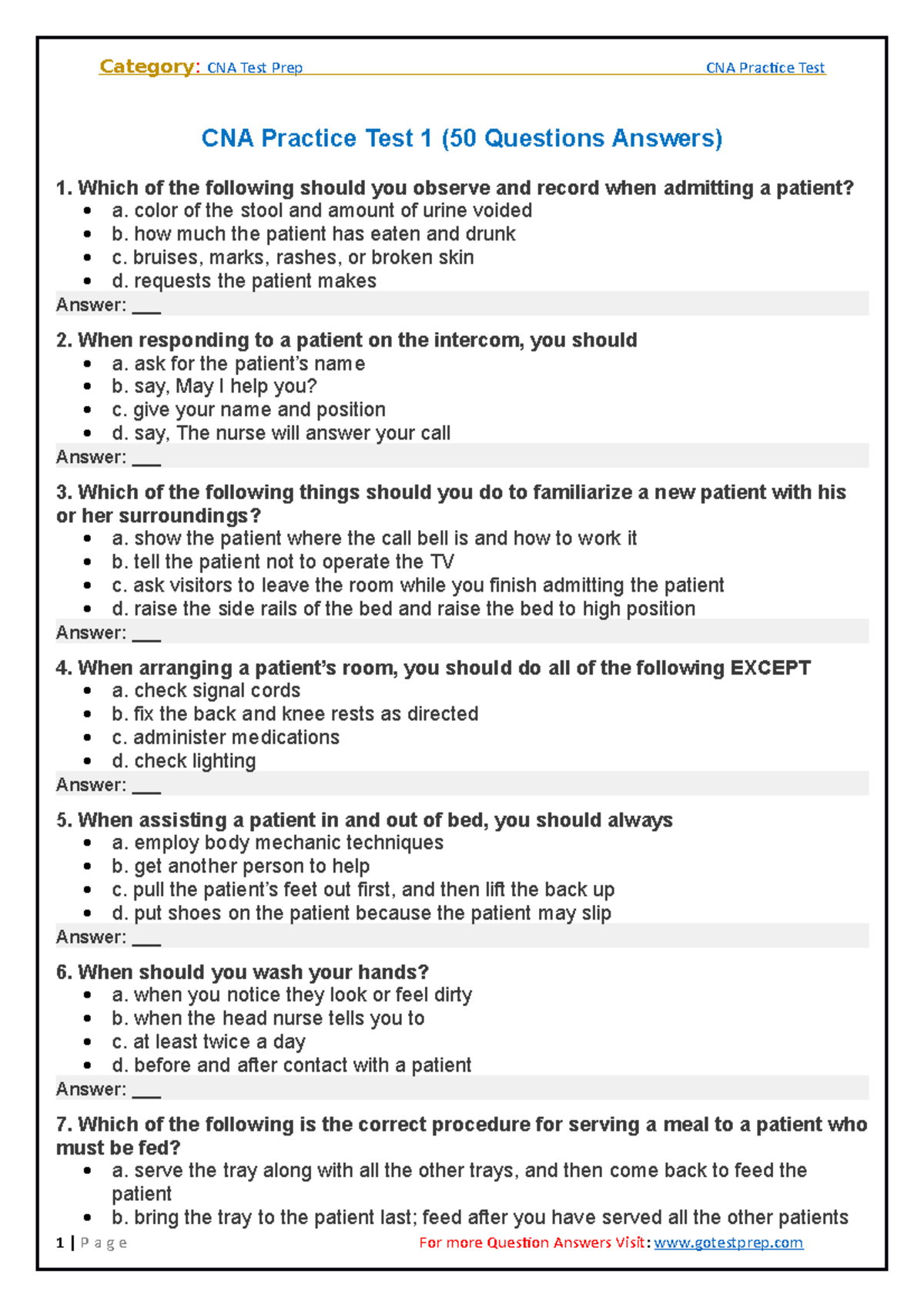 CNATest 1 N A CNA Practice Test 1 50 Questions Answers 1 Which 