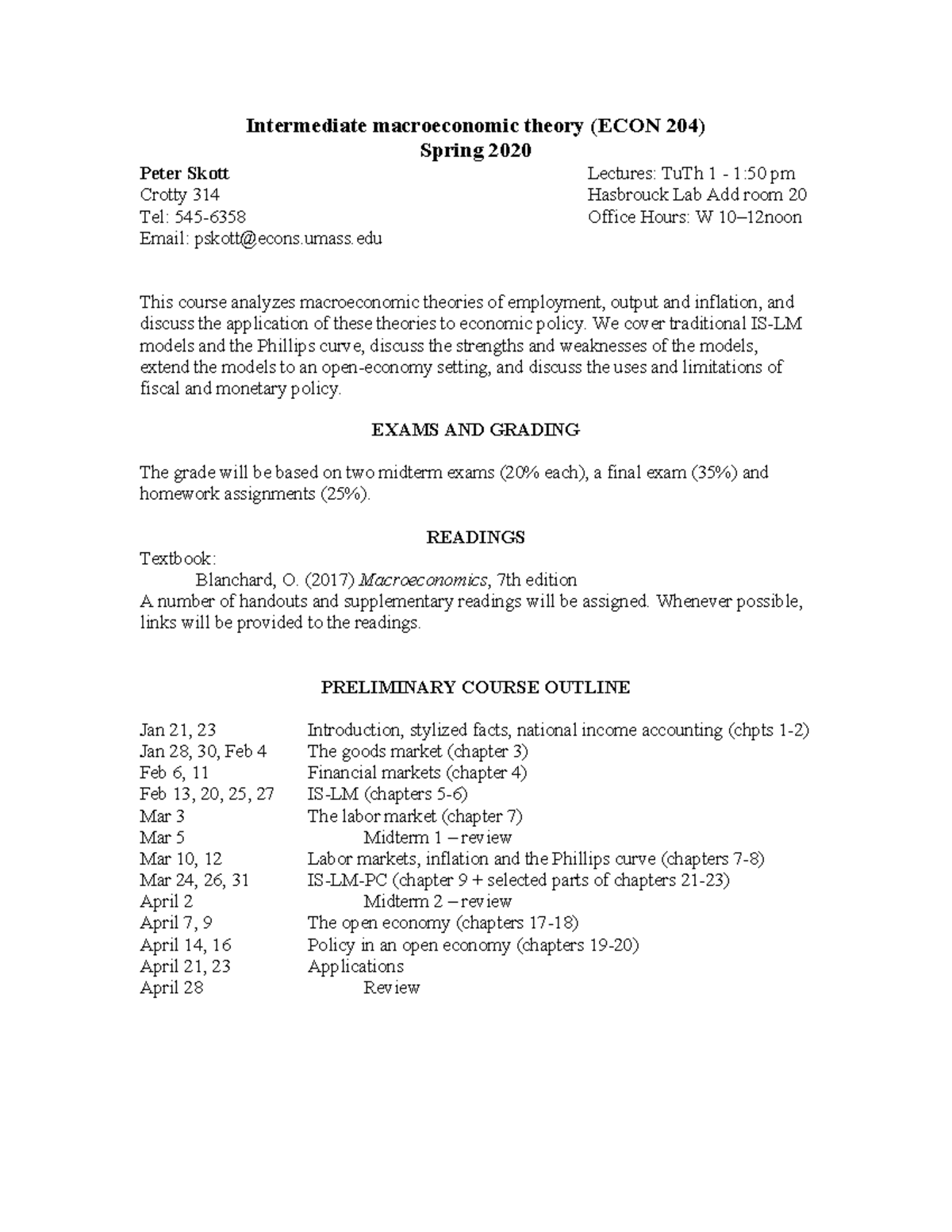 204 syllabus - spring 2020 v01 - Intermediate macroeconomic theory ...